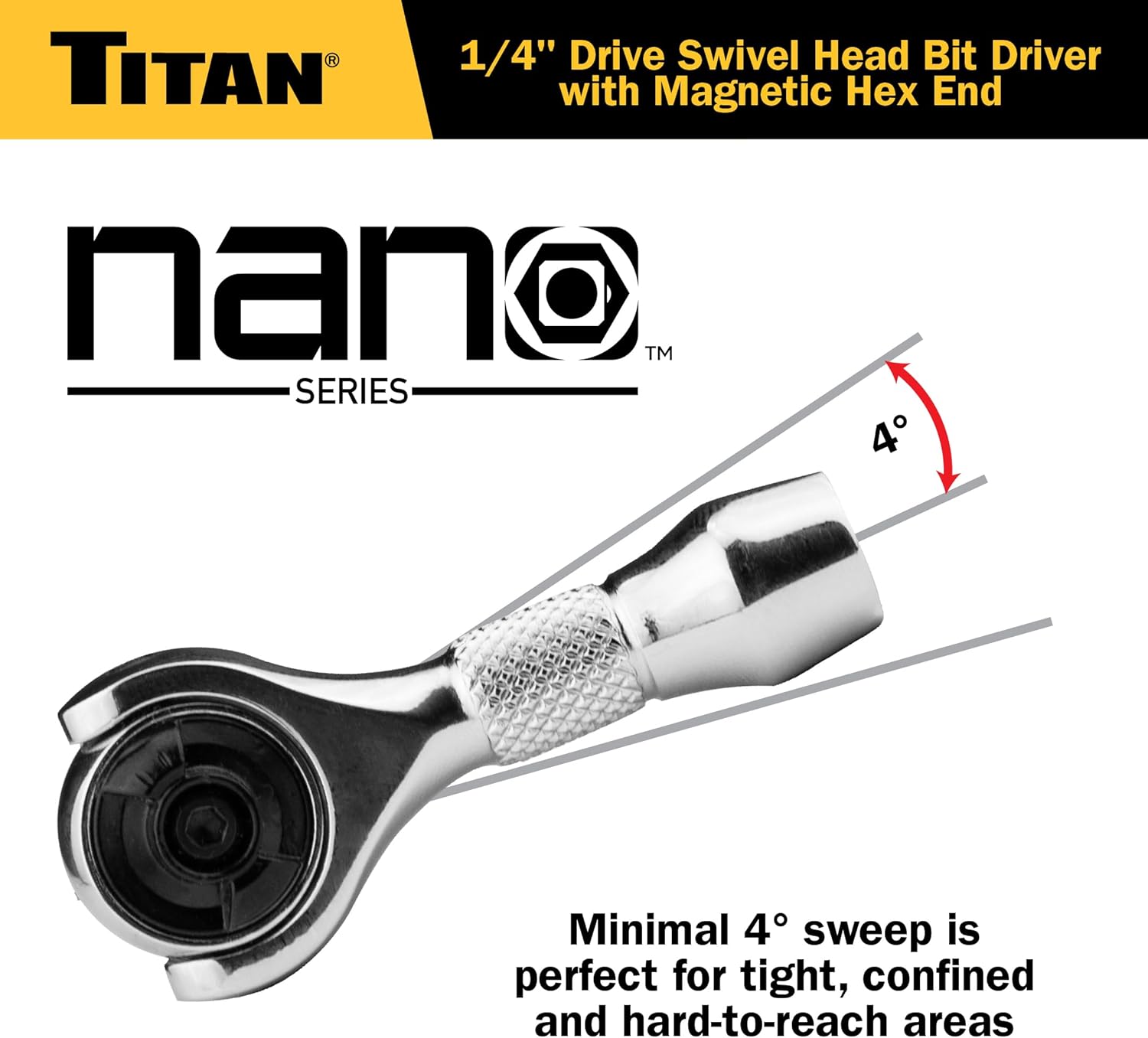 Titan 11340 1/4-Inch Drive x 2-1/4-Inch 90-Tooth Swivel Head Nano Ratchet with Hex Drive Handle - Image 6