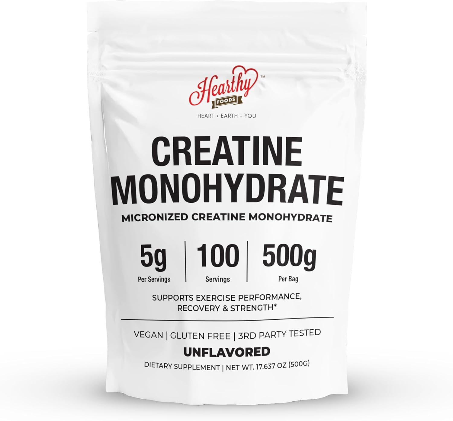 HEARTHY FOODS Creatine Monohydrate Micronized Powder 500G - 100 Servings, 5000mg Per Serving (5g) - for Men & Women Muscle Growth & Recovery - UNFLAVORED