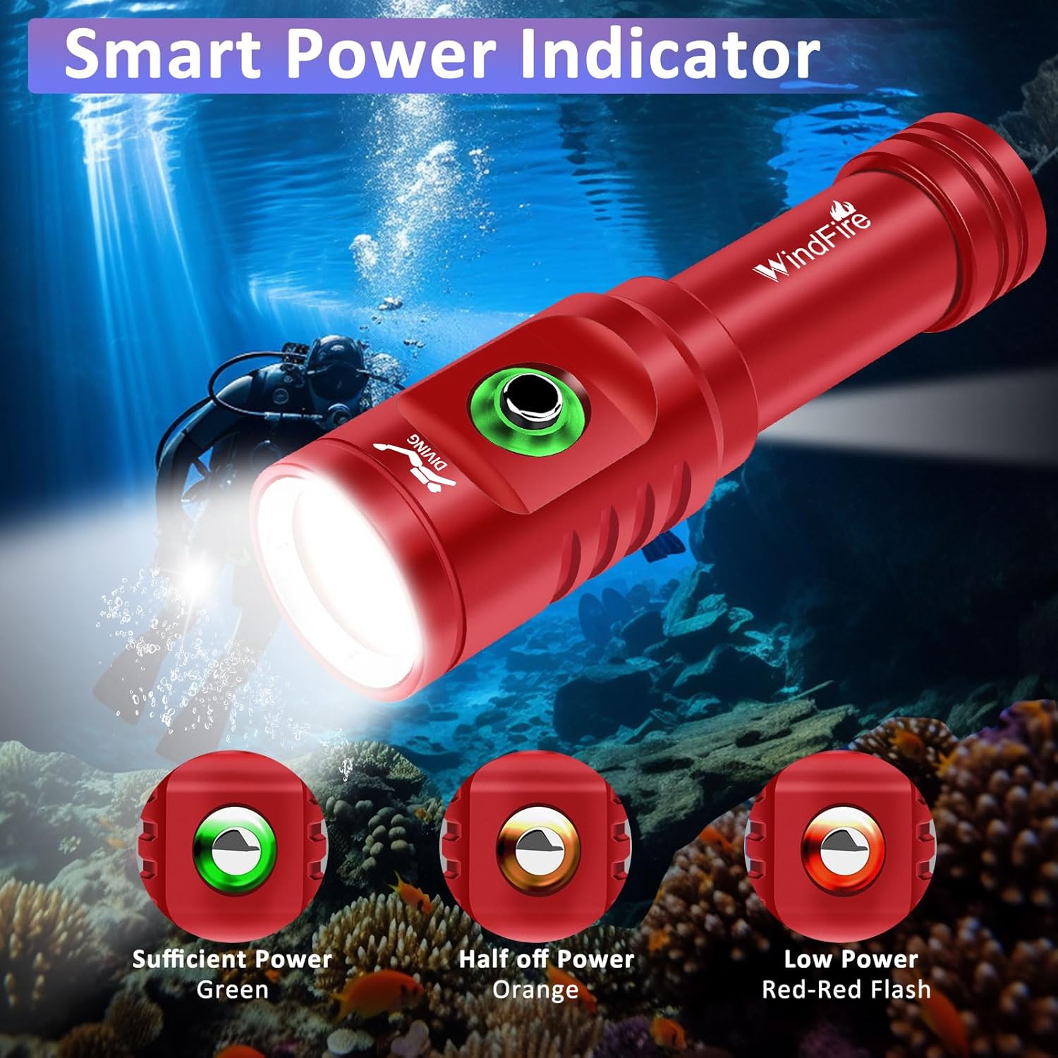 WINDFIRE TS08 Dive Light Super Bright, Scuba Flashlight Rechargeable, IP68 Waterproof 197 ft Depth Underwater Flashlight, 3 Modes & Power Indicator, Snorkeling Torch for Night Diving - Image 3