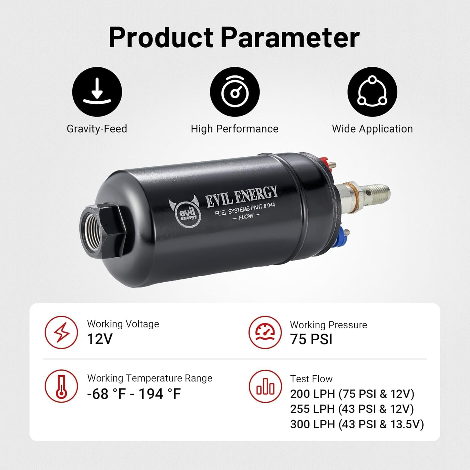 EVIL ENERGY External Inline Fuel Pump Electric 300LPH High Flow 12V with 60MM Bracket Clamp Black - Image 2