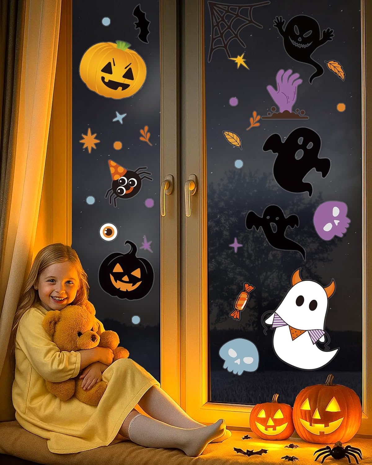 Halloween Window Clings - 9 Sheets 213 Pcs Happy Halloween Window Decorations Indoor for Home Party Eyes Pumpkin Ghost Bats Witch Stickers for Glass Double-Sided Removable Static Glass Decals - Image 4