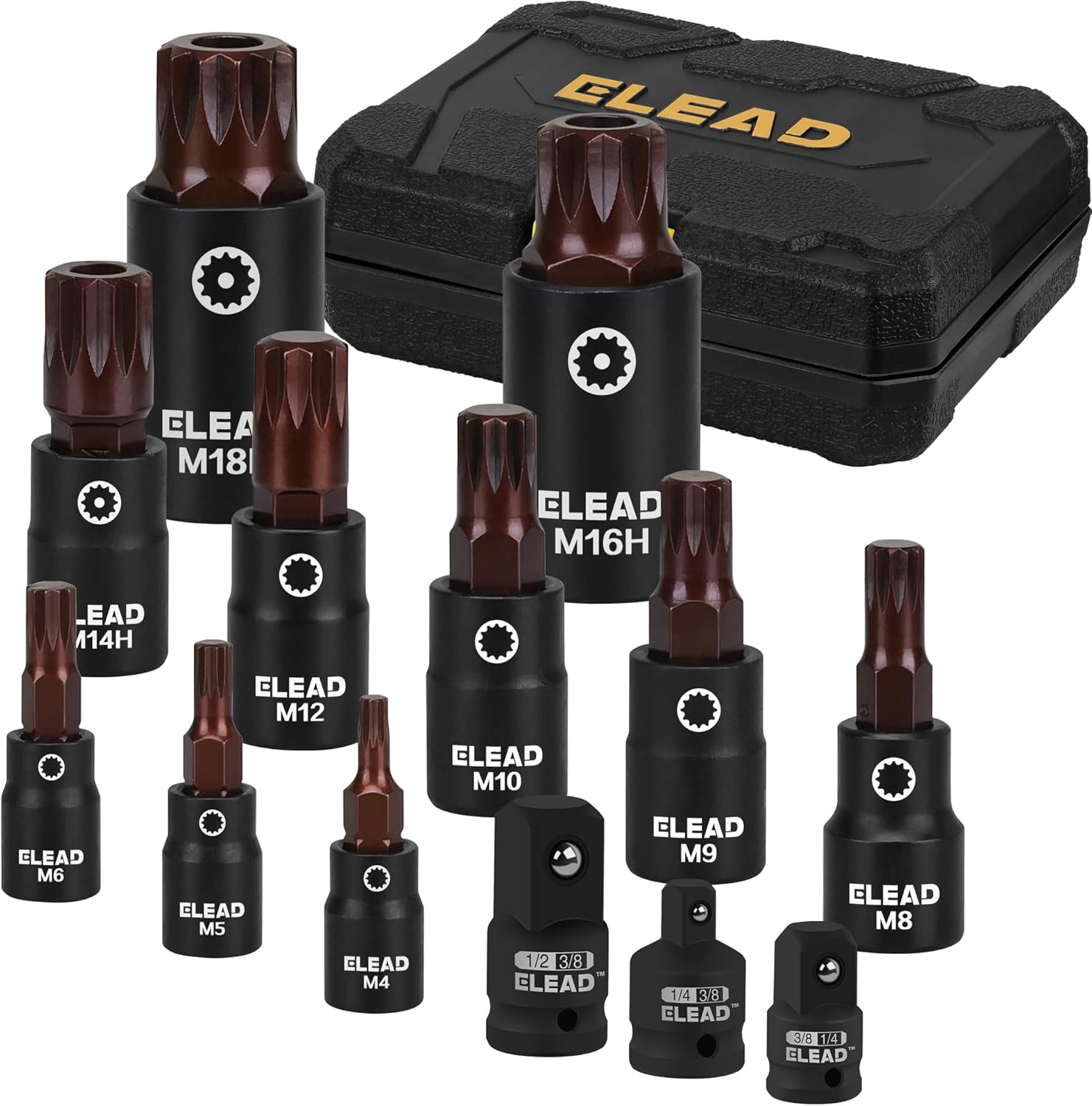 13-Piece XZN Triple Square Spline Bit Impact Socket Set - Premium S2 Steel European Style M4 - M18 with Socket Adapters, 1/4”, 3/8” and 1/2” Drive | Professional Mechanic Garage Tools