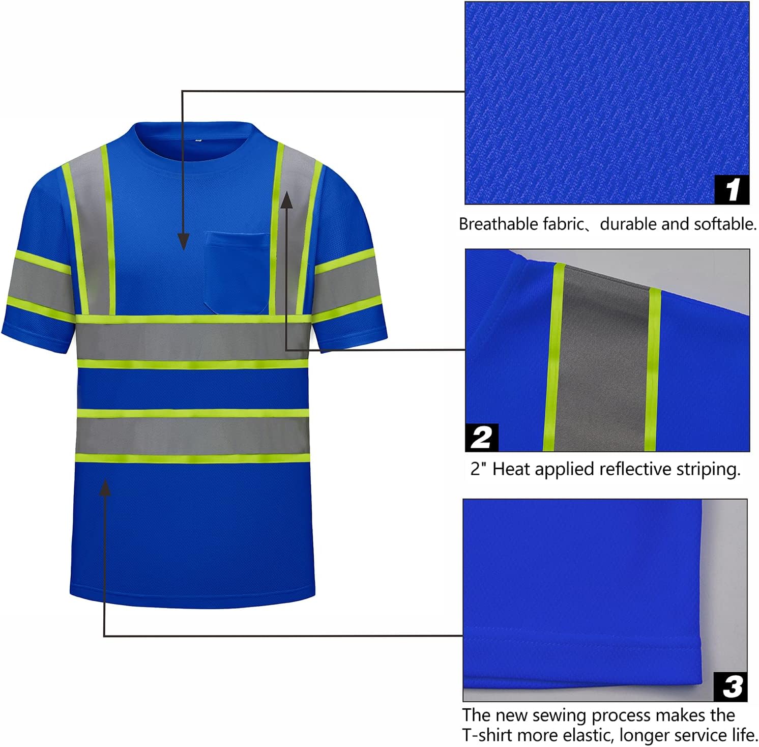 Hi Vis Safety Shirts,High Visibility T Shirts with Reflective Strips and Pocket, Quick Dry Mesh Construction Work Shirt for Men/Women Blue 3pk Large - Image 3