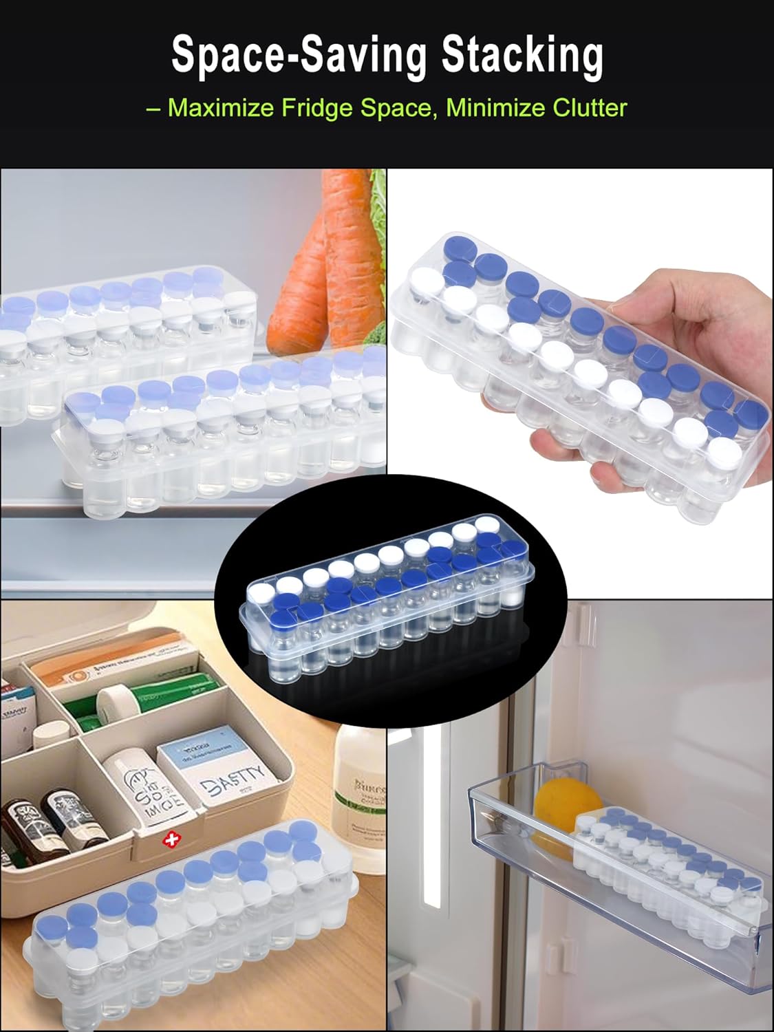2 Pack Peptide Case for Fridge 24-Slot, 3ml Vial Storage Case for Refrigerator, Insulin Cooler Travel Case TSA Approved, 3ml Peptide Vial Storage Holder for Insulin, GLP-1, Peptides -DawnBox- Clear - Image 3