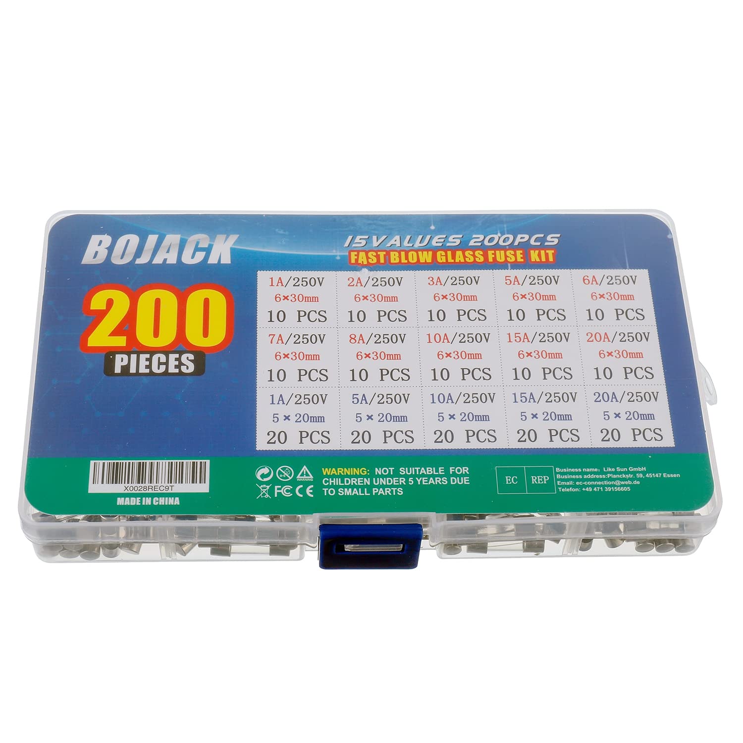 BOJACK 15 Values 200 pcs Fast-Blow Glass Fuses Assortment Kit 5x20mm 250V 1 5 10 15 20A 6x30mm 250V 1 2 3 5 6 7 8 10 15 20A amp packag in a Clear Plastic Box - Image 3