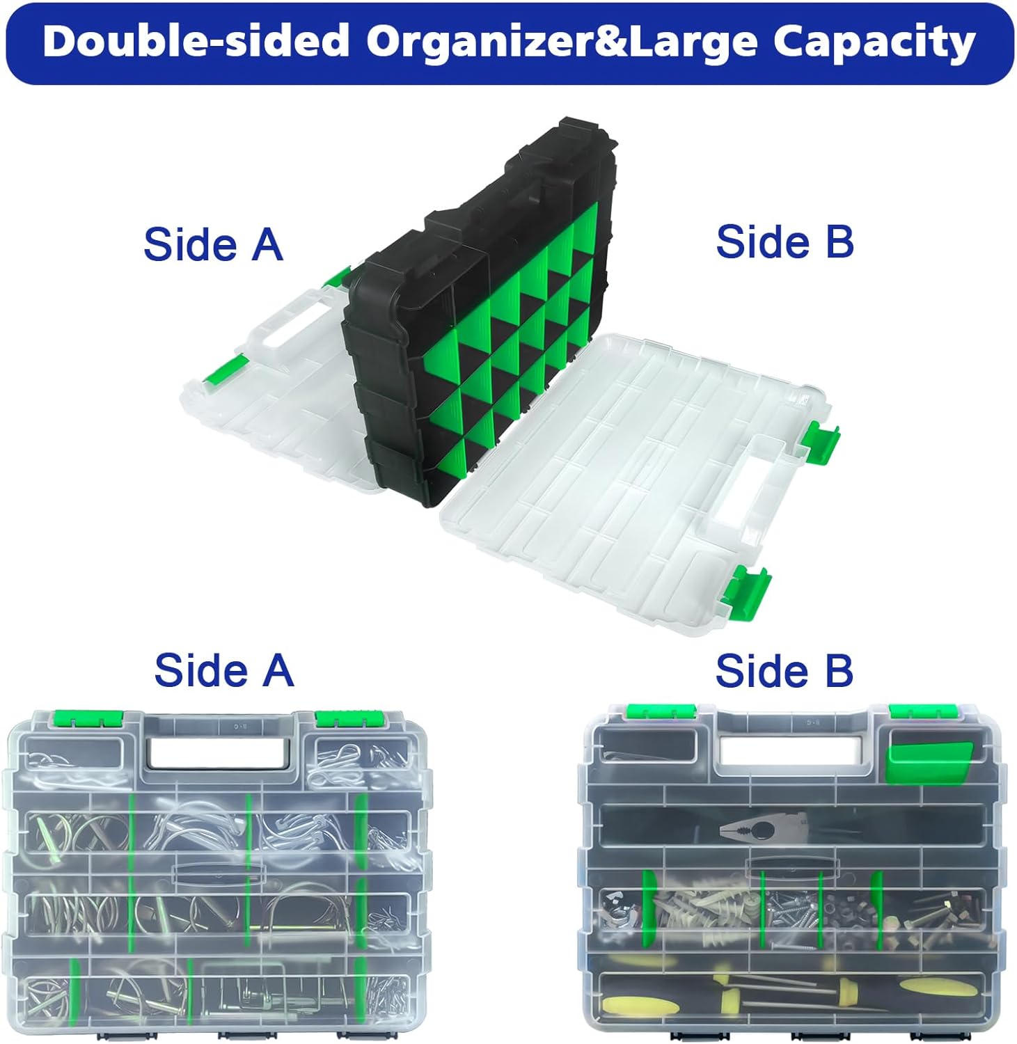 Tools Organizer Box Small Parts Storage Box 50-Compartment Double Side Hardware Organizers with Removable Plastic Dividers for Screws, Nuts, Nails, Bolts, Green - Image 2