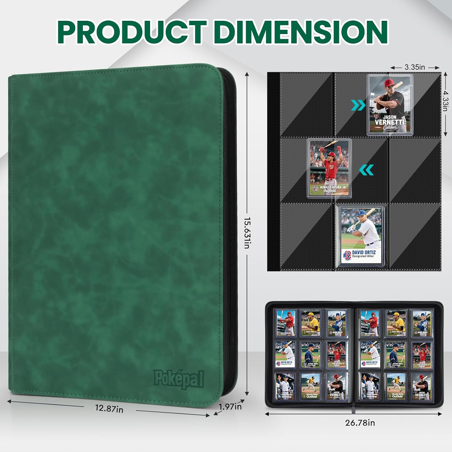 Top Loader Card Binder with Sleeves 9 Pocket Holds 252 Top Loaders Storage, Trading Cards Collector Album, Sports Cards YGO MTG TCG, Collection Folder (FOR TOP LOADERS ONLY), Dark Green - Image 2