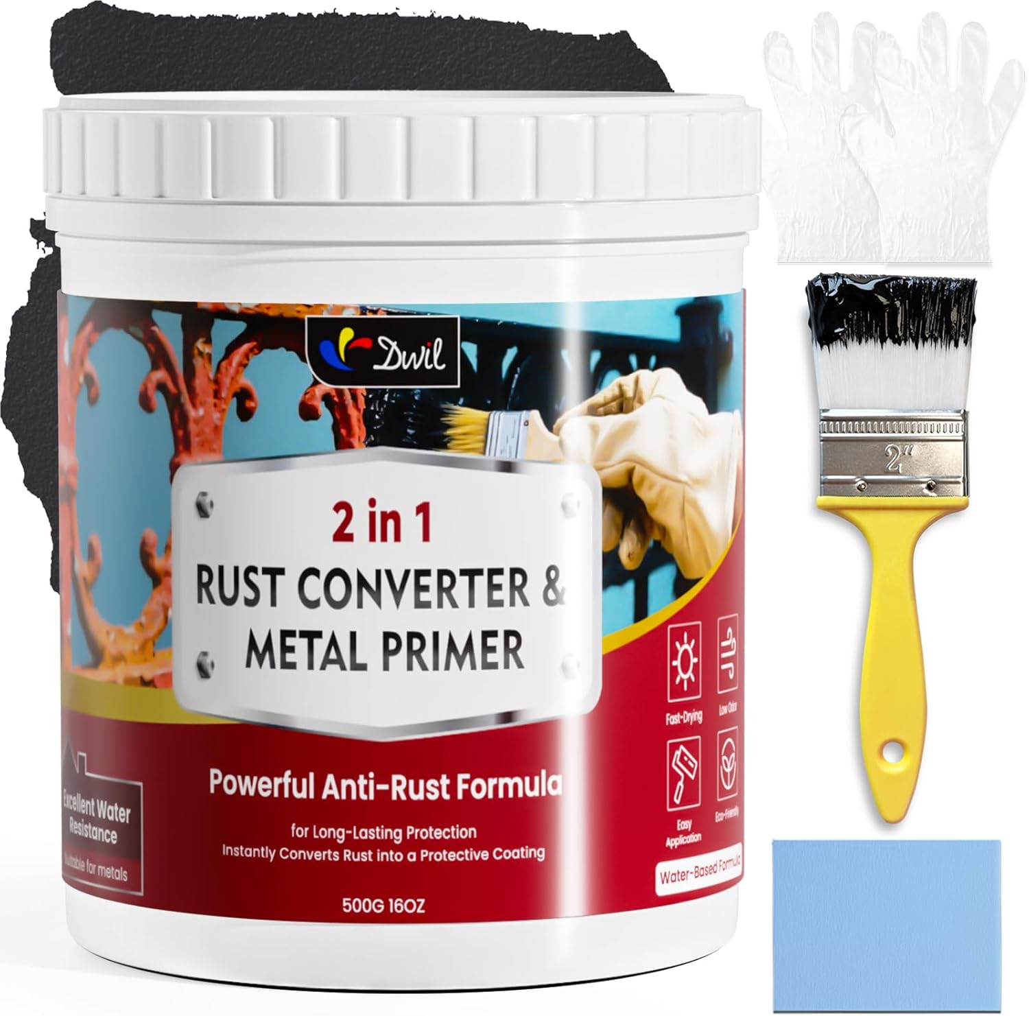DWIL Rust Converter for Metal, 2 in 1 High-Flow Fluidity Metal Paint, Converts Rust to Long-Lasting Protective Coating, Anti Rust and Rust Prevention Paint, No Primer Needed, Black, 16 oz
