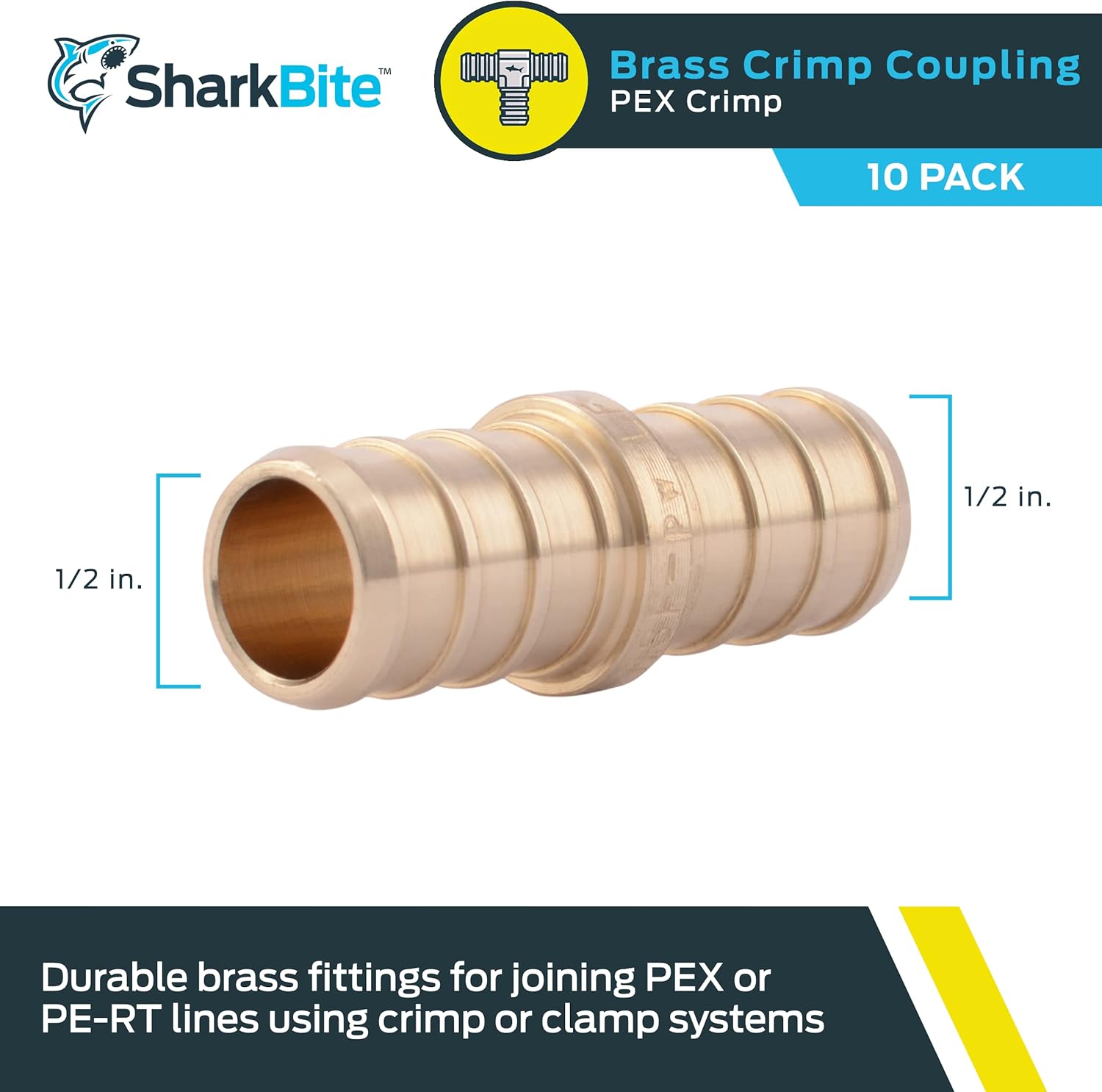 SharkBite 1/2 Inch Crimp Coupling, Pack of 10, Brass Plumbing Fitting, PEX Pipe, PE-RT, UC008LFA10 - Image 2