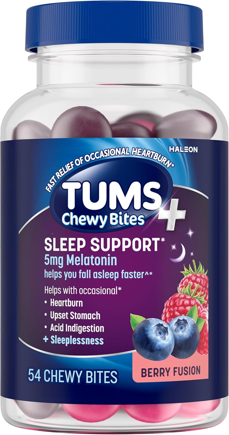 TUMS Heartburn Plus Sleep Support Chewable Dietary Supplement Tablets for Occasional Heartburn Relief Plus Sleep Support, Berry Fusion - 54 Count