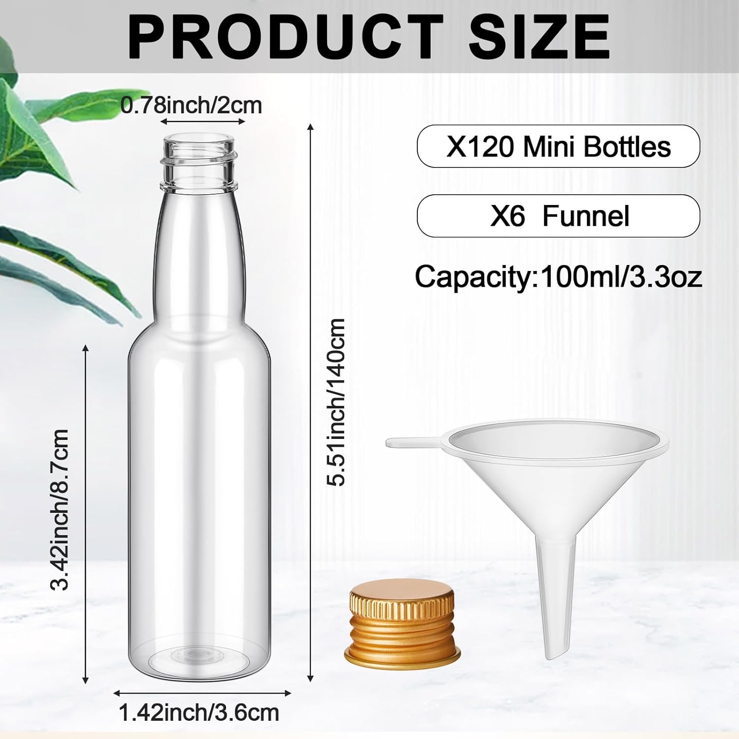 120 Pcs Mini Liquor Bottles Airtight Shot Miniature Empty Plastic Alcohol Spirit Shot Bottles with Funnels for Party Favors, Weddings(3.3 oz,Gold) - Image 2