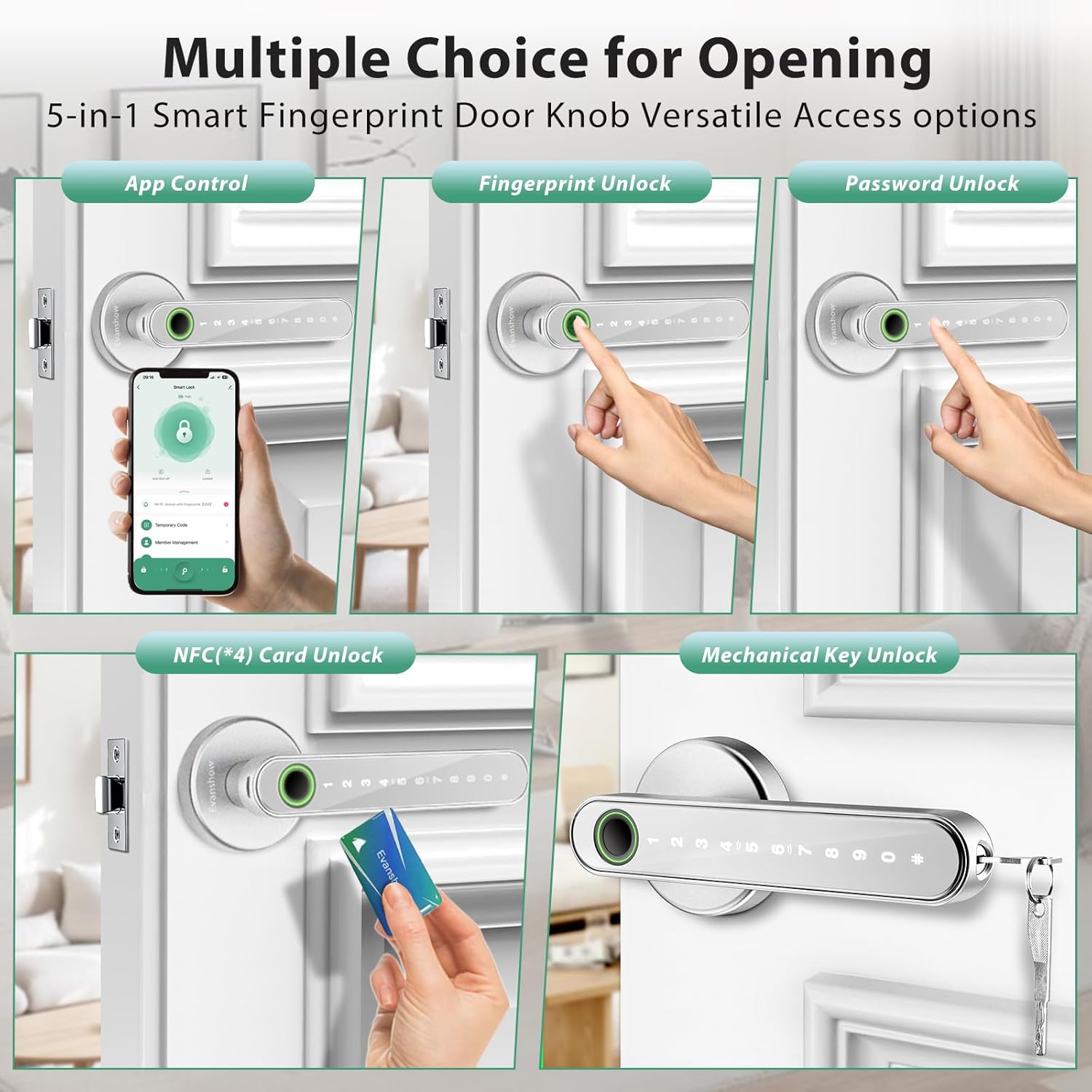 Smart Door Lock with Knob, Keyless Entry Door Locks with Handle, Fingerprint Door Knob for Bedroom/Front Door/Apartment,Generate Passcode Remotely Silver - Image 2