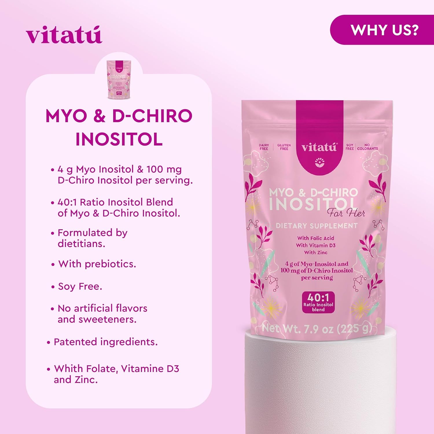 Vitatú | Myo Inositol (4g) & D-Chiro Inositol (1g) Ideal Mix 40:1 | Duration 45 Days | with Folic Acid + Vitamin D3 + Zinc, Powdered Dietary Supplement for Women (225 g) - Image 3