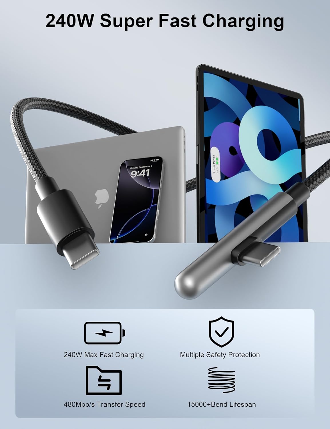 16FT USB C Cable Fast Charging 240W,Extra Long USB C to USB C Cable 16foot Type C Right Angle Charger Data Cord Braided for iPhone 17 16 Pro Max 15/iPad/MacBook Pro Air/Galaxy S26 S25 S24 Ultra,Black - Image 2