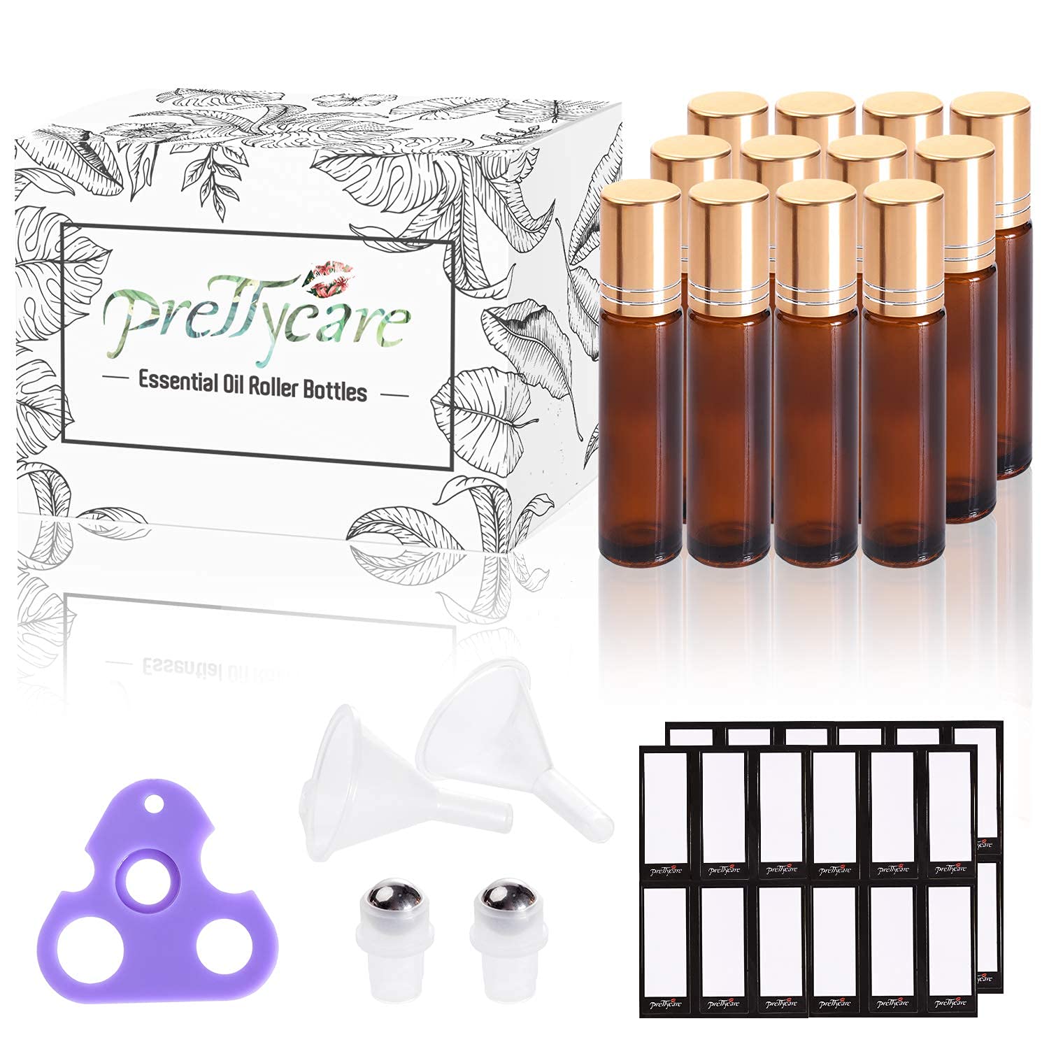 PrettyCare 12 Pack, 10 ml Essential Oil Roller Bottles with Stainless Steel Roller Ball - Refillable Leak-proof Empty Thick Amber Glass Roll on Bottles with Metal Caps for Travel, Perfume - Image 2