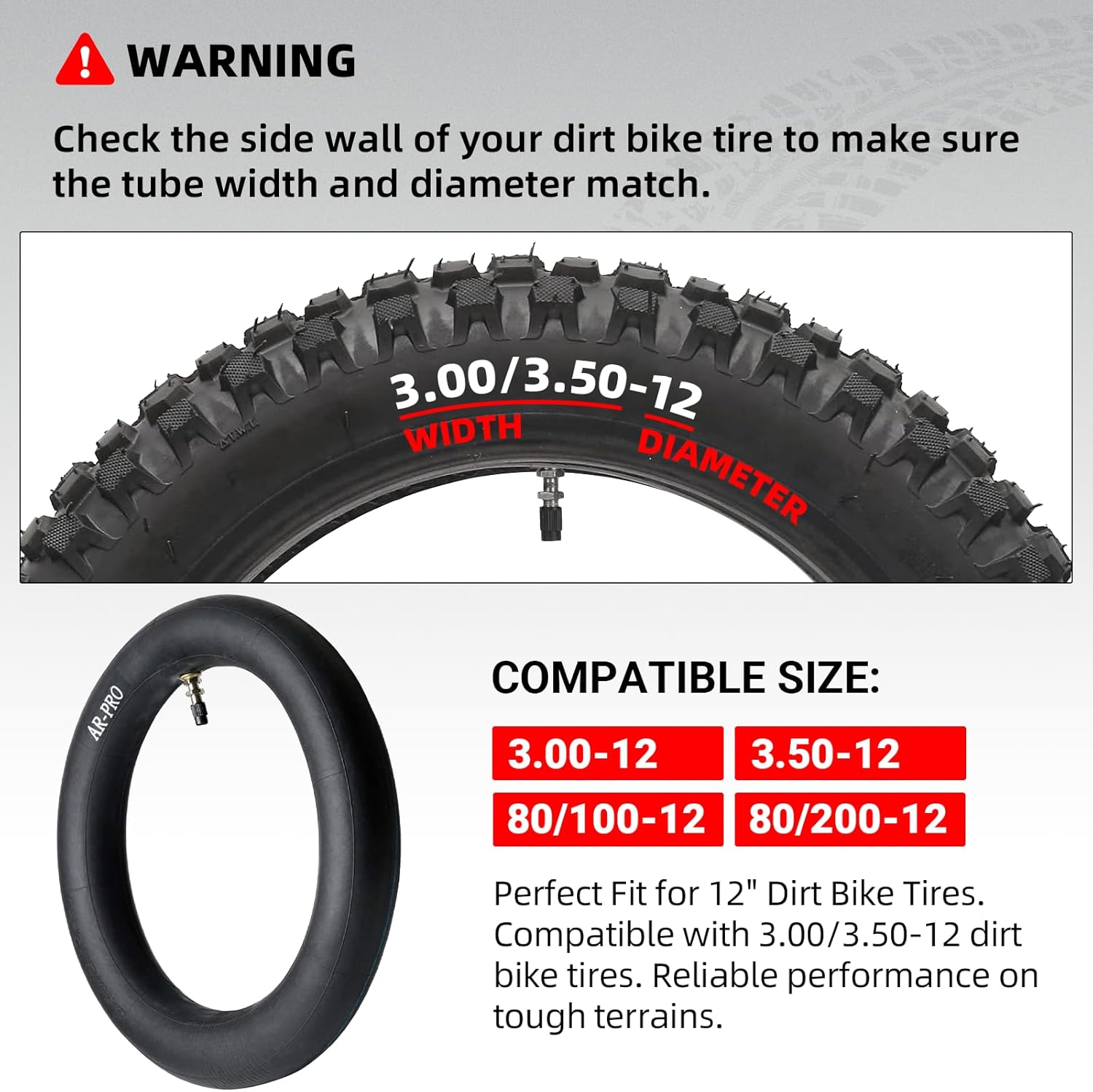AR-PRO 3.00/3.50-12" Dirt Bike Inner Tubes with TR4 Straight Valve, 80/200-12 Heavy Duty Motorcycle Tire Replacement Inner Tubes, Compatible with Honda CRF50/XR70 Yamaha TTR 90/100 and More (1-Pack) - Image 2