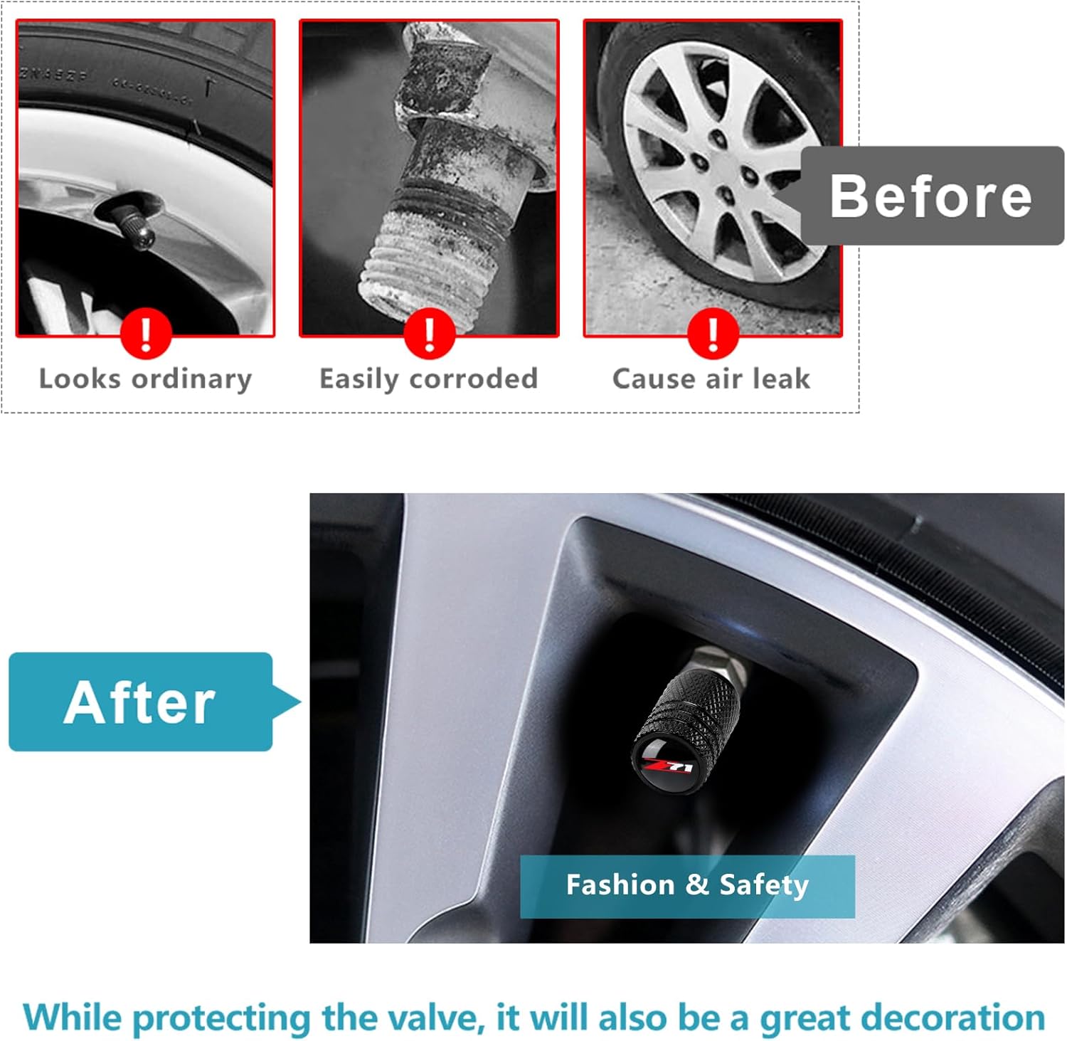 Tire Valve Stem Caps for Chevy Z71 Silverado Colorado Metal Car Wheel Air caps Auto Valve Stem Caps Accessories 4 Pack Black - Image 5