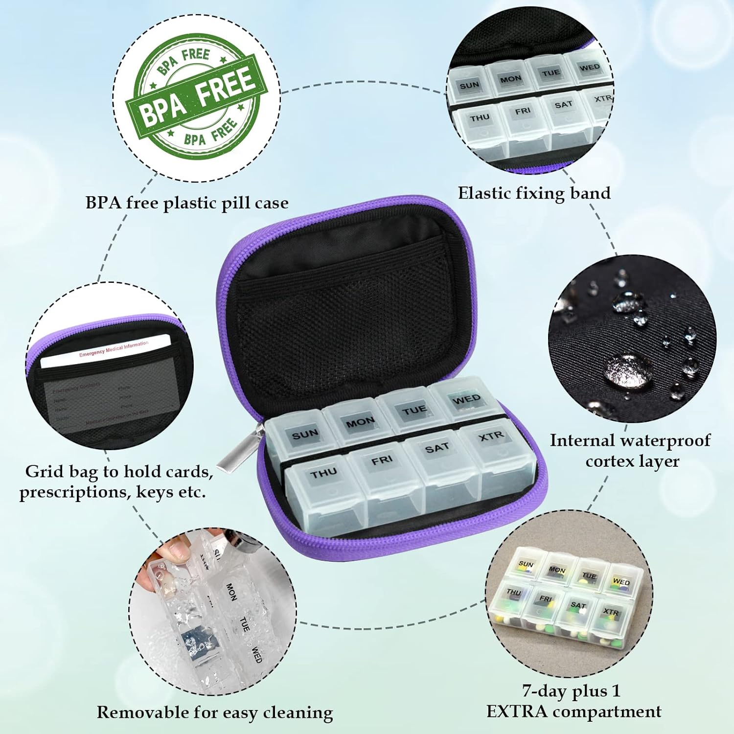 Serfeymi Weekly Travel Pill Organizer Pill Case for Purse with Removable 7 Day Pill Box, Fashionable Travel Medicine Organizer Pill Container for Medicine, Vitamin - Purple 02 - Image 4