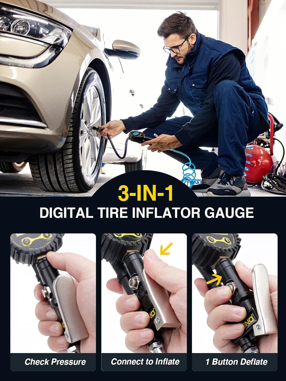 AZUNO Digital Tire Inflator with Pressure Gauge, 200 PSI, Heavy Duty Air Compressor Accessories, w/Rubber Hose Lock on Air Chuck and Quick Connect Coupler - Image 4