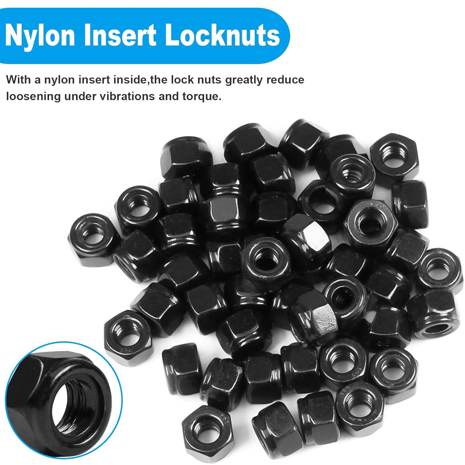 50Pcs 1/4"-20 Nylon Insert Hex Lock Nuts 304 Stainless Steel Locknuts Self-Locking Nut, Standard Inch Threaded Nylock Nuts, Hex Drive, Zinc Plated Black - Image 4