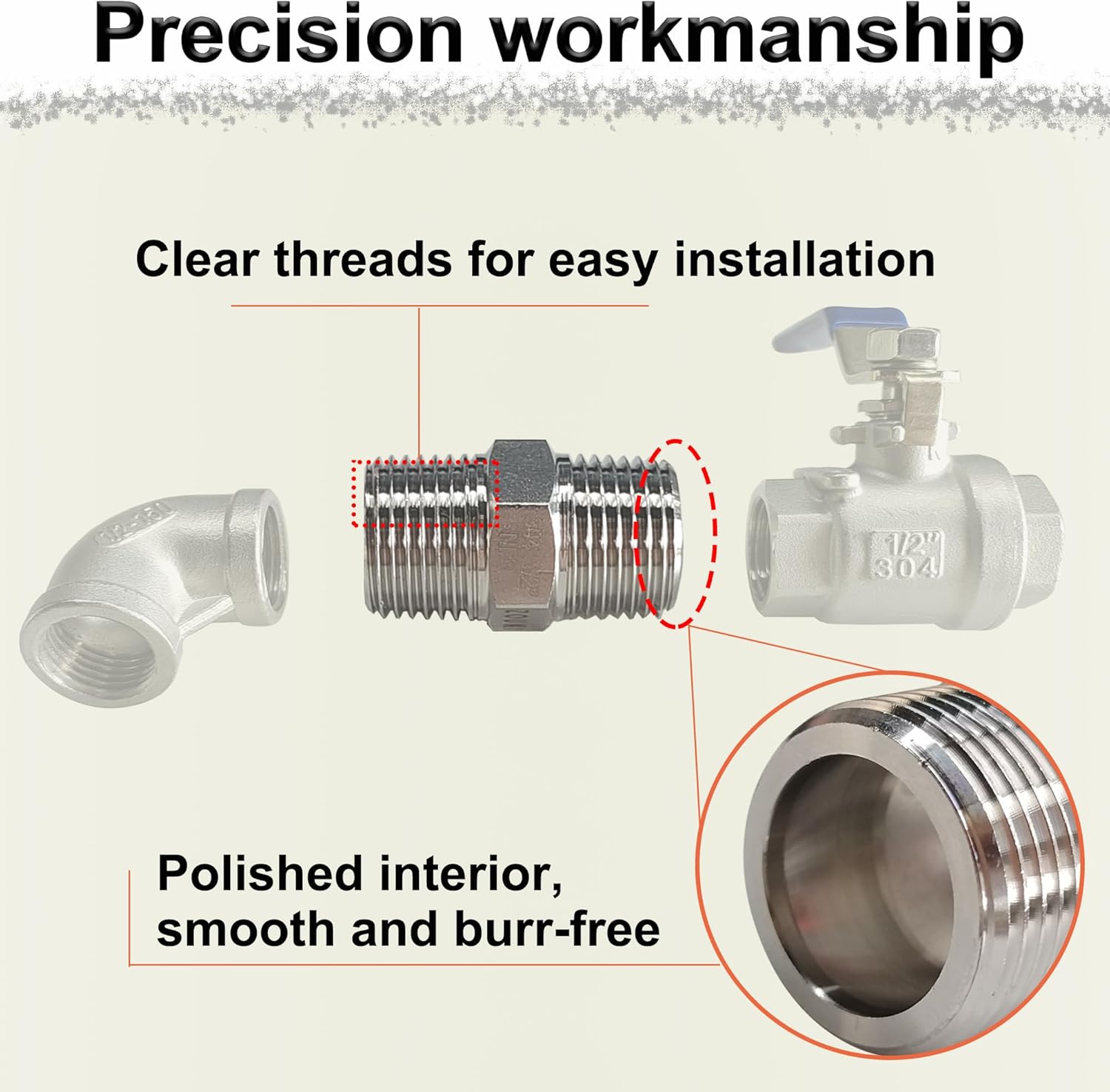 3/8" NPT Male Hex Nipple Pipe Fittings, 304 Stainless Steel 3/8 inch Threaded Pipe Adapter Fittings Equal Nipples Connectors, 4pcs Male Straight Connector Pipe Fitting - Image 5