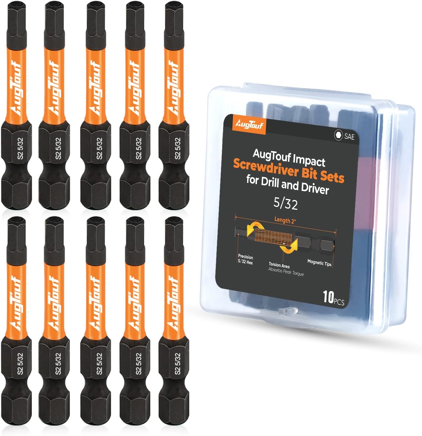 toolant 5/32" Impact Hex Bits Set 10pcs, 1/4” Hex-Shank Allen Wrench Drill Bit Set, S2 Steel, CNC Machined Tips with Magnetism, 2” Long with Storage Box