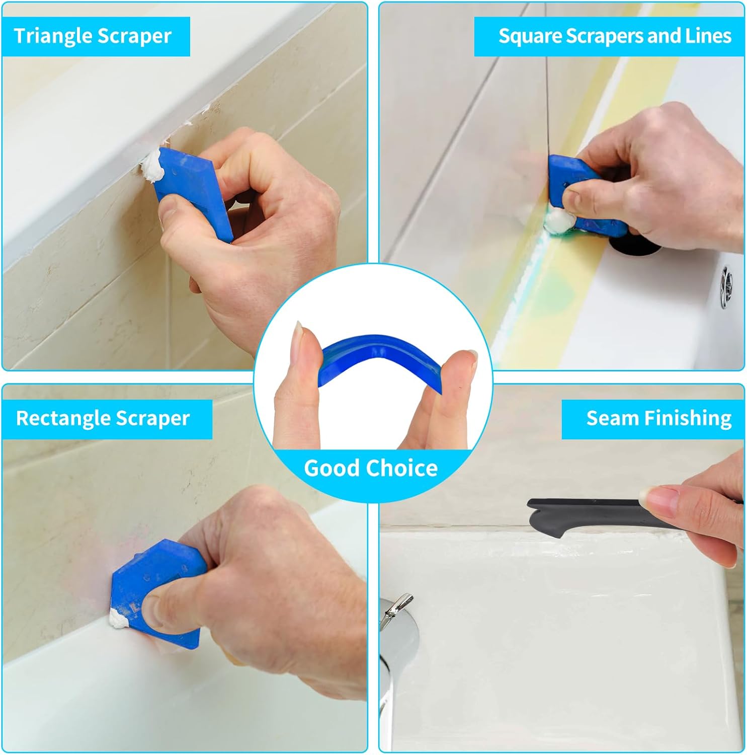 11Pcs Silicone Caulking Tools 3 in1 Grout Removal Tool(Stainless Steelhead)&Grout Remove Scraper,5 Silicone Replaceable Pads,4 Glass Glue Angle Scraper, Caulk Remover for Kitchen/Bathroom/Window/Joint - Image 5