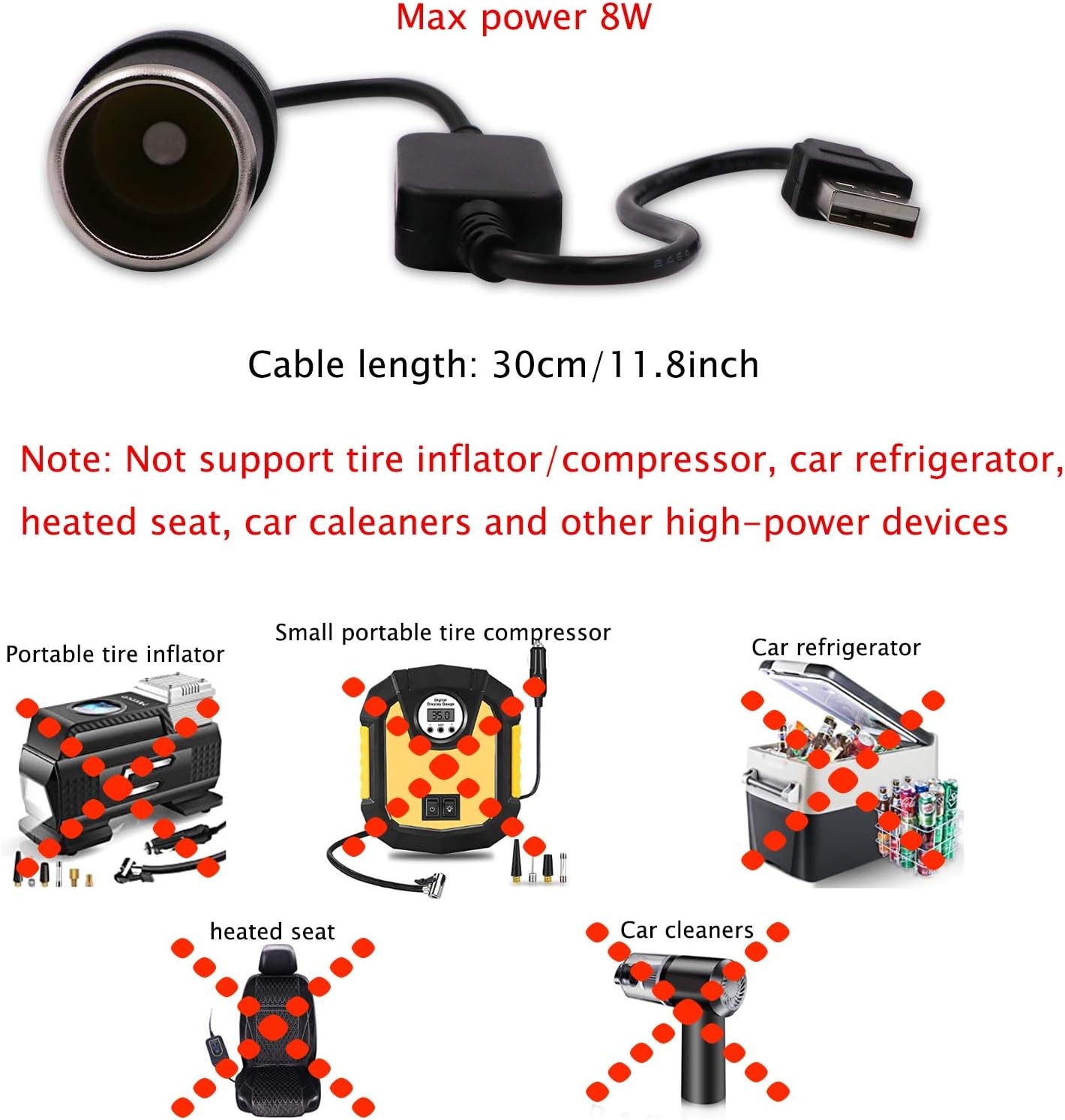 USB A Male to 12V Car Cigarette Lighter Socket Female Converter Cable 2-Pack(for Low-Power Devices only (≤2A)) - Image 3