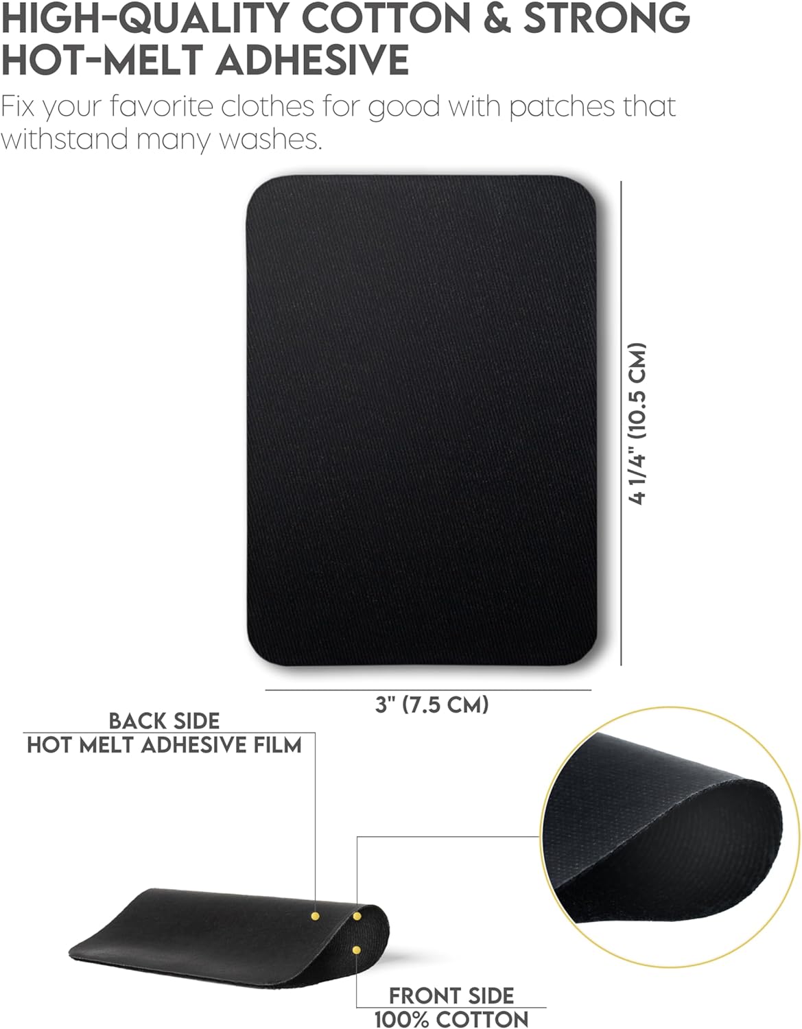 ZEFFFKA Premium Quality Fabric Iron-on Patches Inside & Outside Strongest Glue 100% Cotton Black Repair Decorating Kit 12 Pieces Size 3" by 4-1/4" (7.5 cm x 10.5 cm) - Image 3