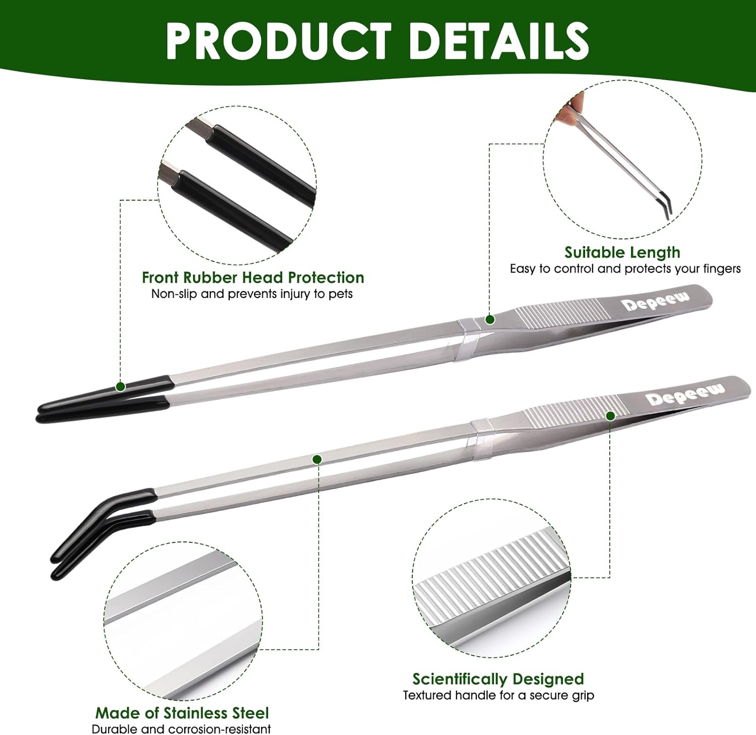 Reptile Feeding Tongs Long Tweezers, 4 Pack Stainless Steel Reptile Tweezers Set, 10.6" Straight & Curved Tweezers with Soft Rubber Tip, for Aquarium Terrarium, Crafts, Reptile Tank Accessories - Image 3