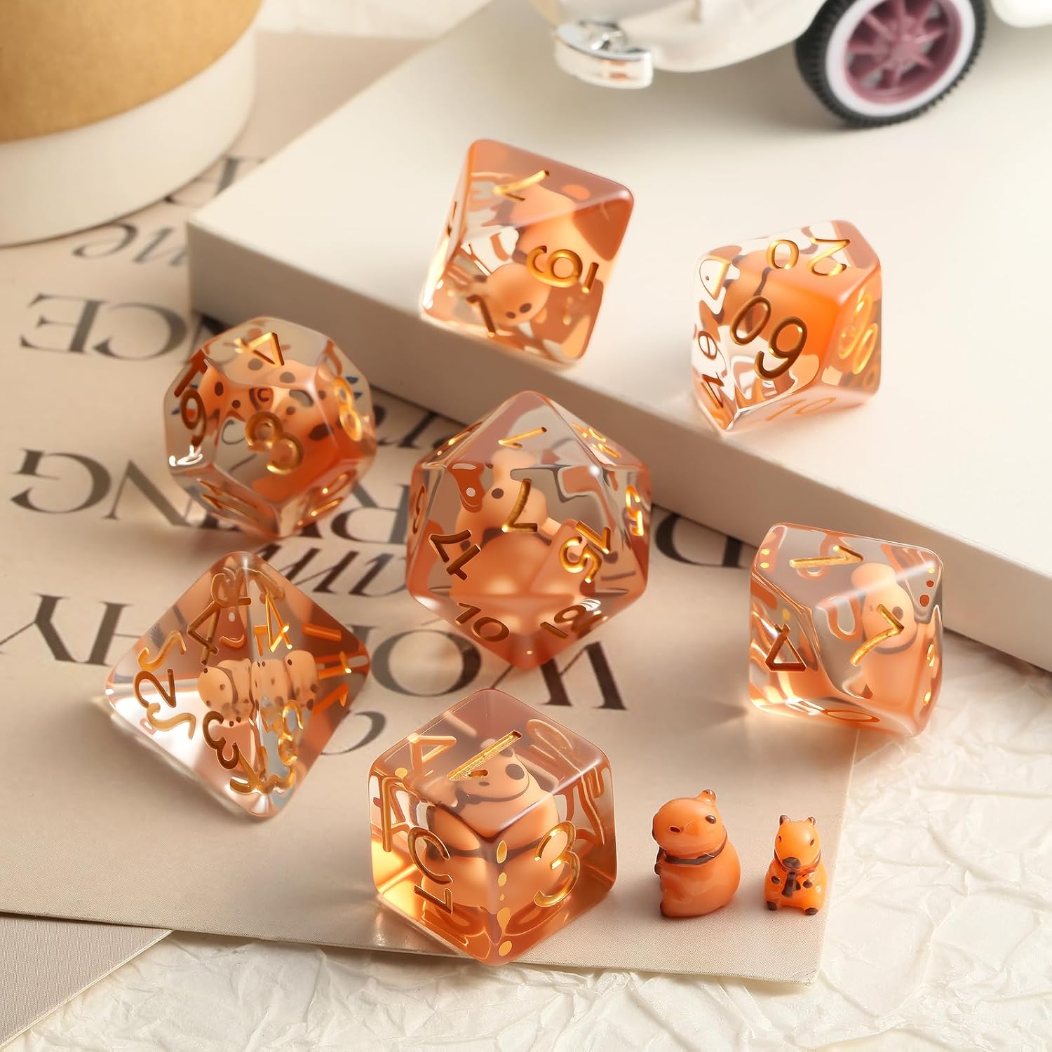 Capybara DND Dice Set with Cute Animal Inside - 7PCS Hand Made Polyhedral Resin Dice for Dungeons and Dragons RPG Games with Gold Numbers, Unique Collector Dice in Velvet Bag Gift for Gamers - Image 2
