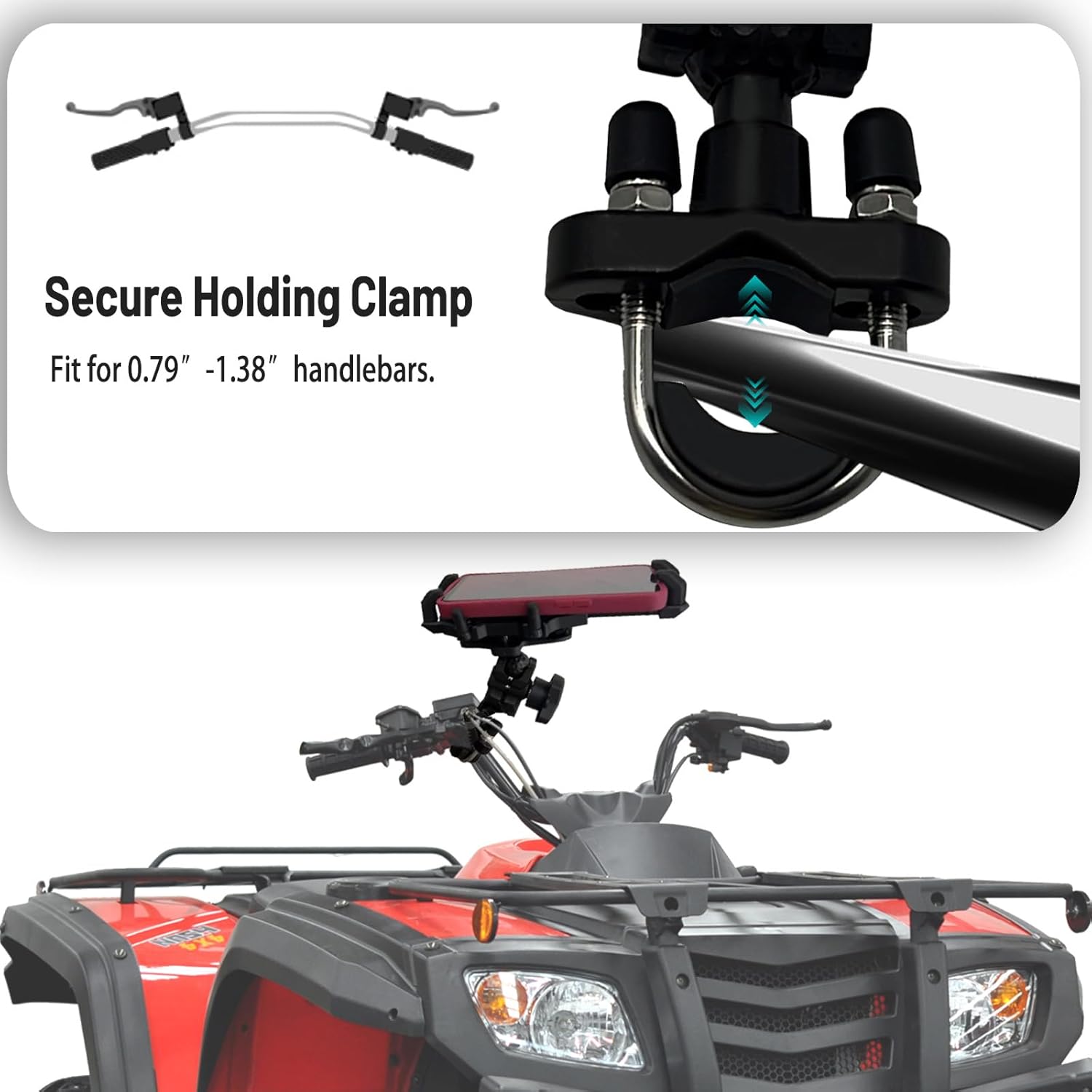 QYMOTO ATV Phone Holder Mount,Motorcycle Handlebar Phone Mount,4 Wheeler Anti Vibration 360 Cell Phone Holder Clamp Fit CFMOTO Cforce,Polaris Sportsman,Can am Outlander Adjustable Fit 4.7"-7.1'' Phone - Image 4