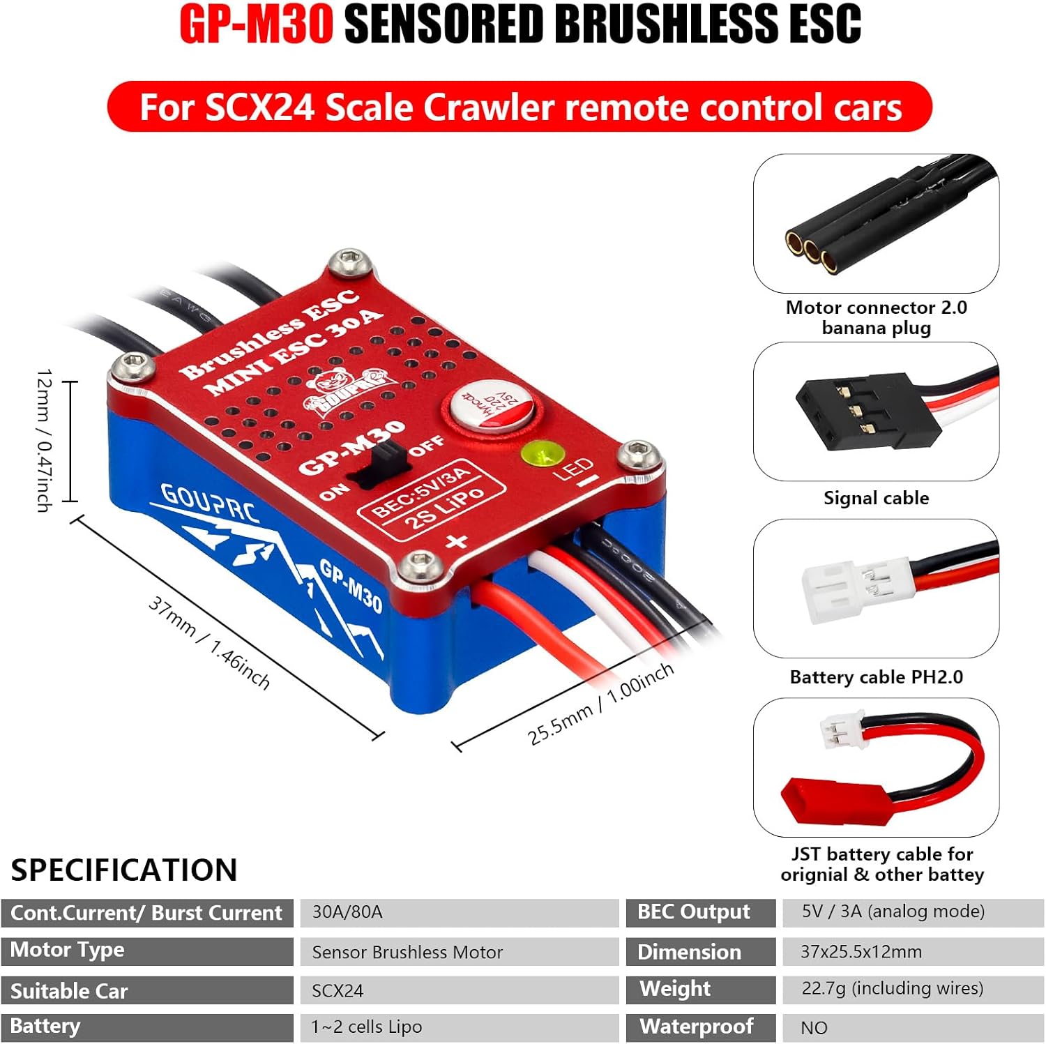 GOUPRC 30A Brushless Mini ESC & 2204 2400KV Brushless Outrunner Motor with Transmission Combo Kit for SCX24 Axial 1/24 RC Crawler Car Truck Blue Red - Image 4
