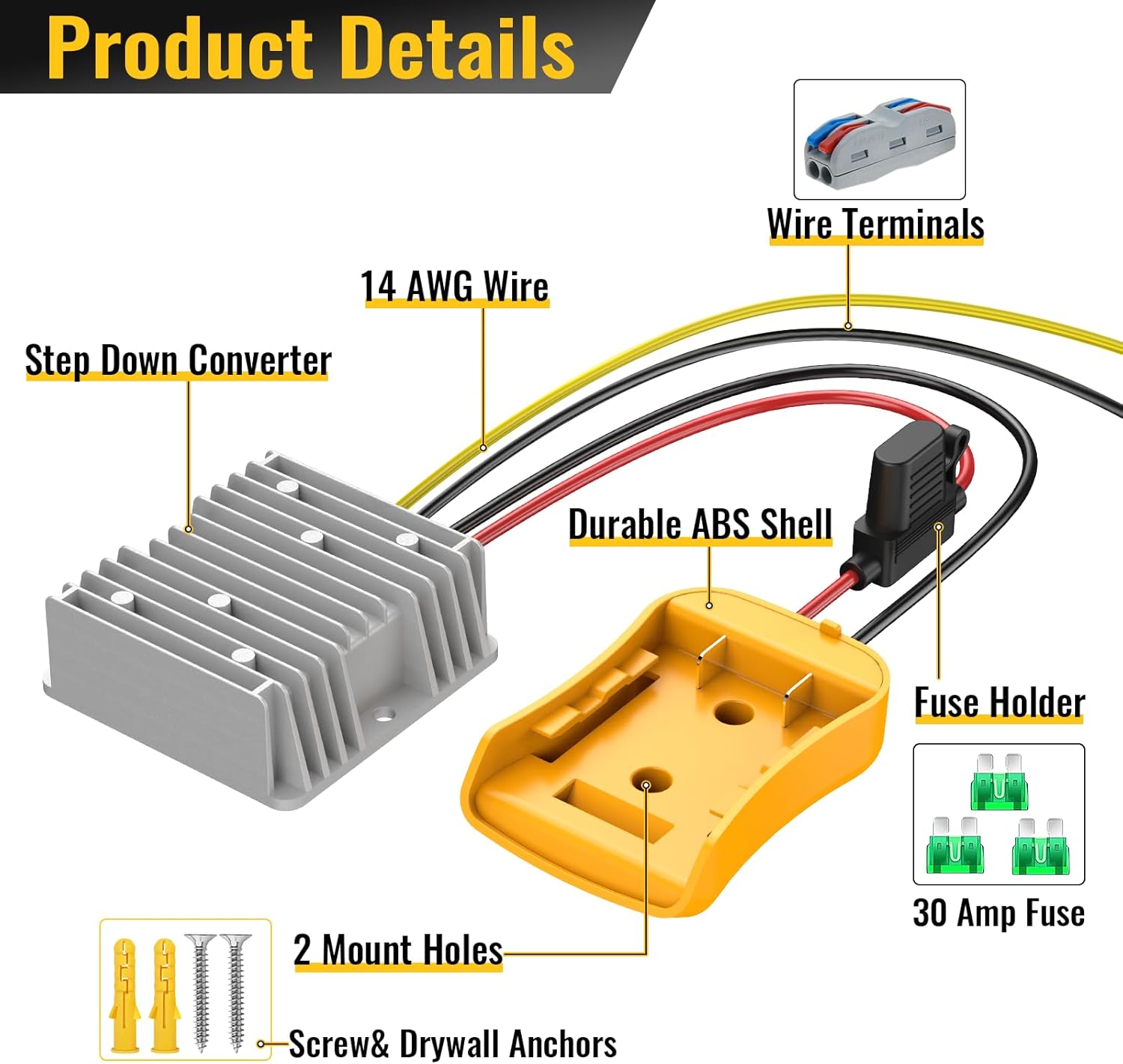 Azocek 20V to 12V Step Down Converter Compatible with DeWalt 20V Battery, 20A 240W DC 12V Buck Converter Adapter for Power Wheel, with 30A Fuse & Wiring Terminal - Image 3