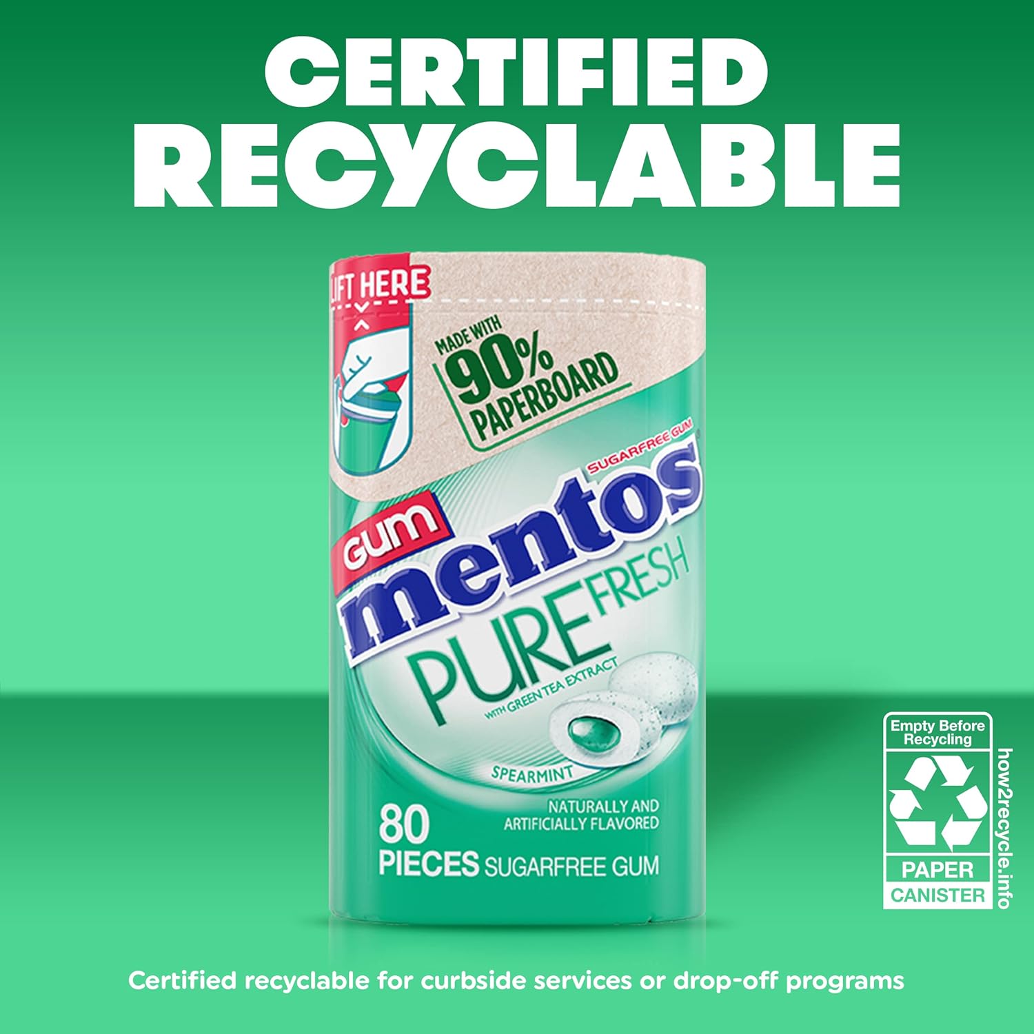 Mentos Pure Fresh Sugar-Free Chewing Gum with Xylitol, Spearmint, in a recyclable 90% Paperboard Bottle, 80 Piece, Pack of 4 Bottles - Image 6
