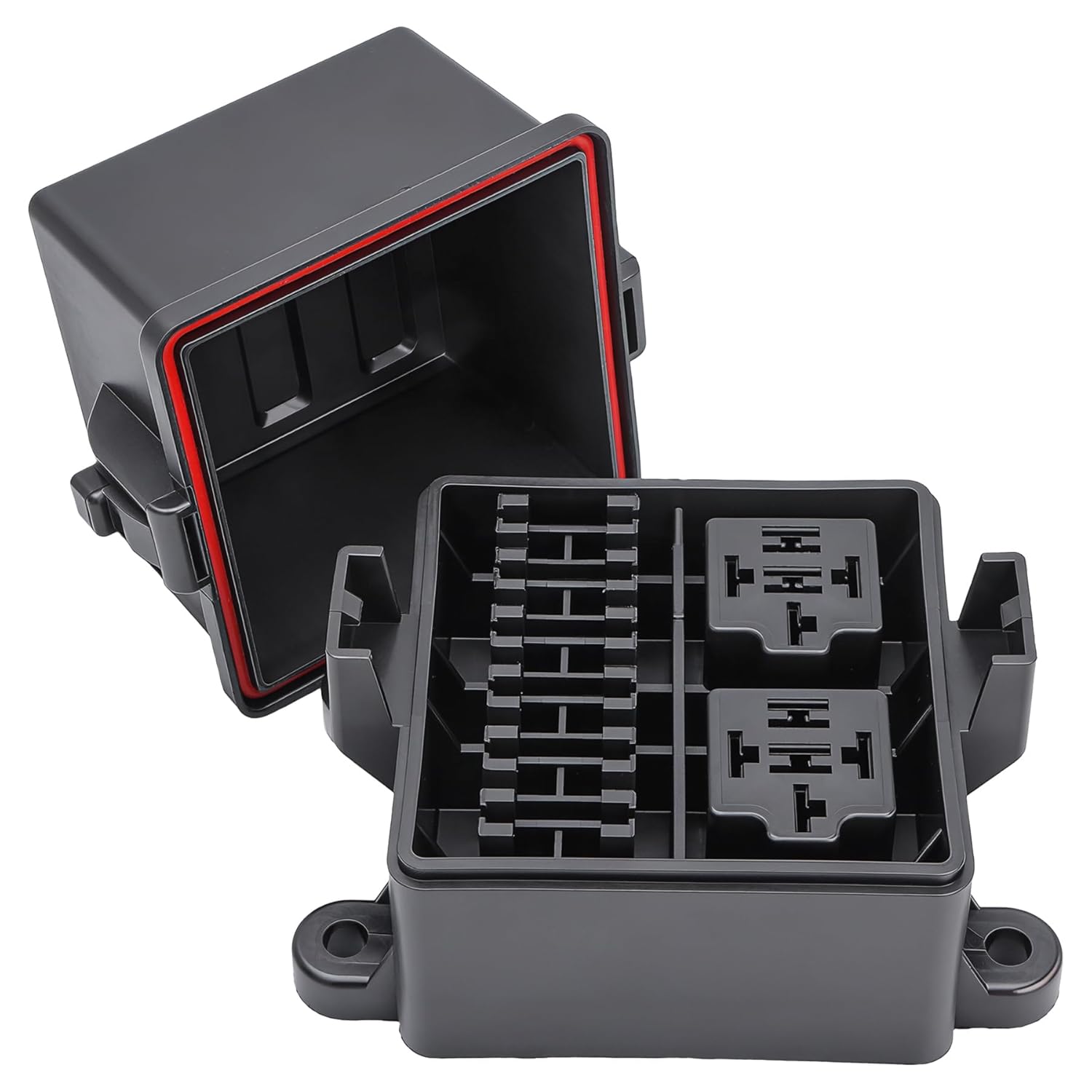 12V 6 Way Waterproof Fuse Relay Box, 2 Relays and 6 ATC/ATO Blade Fuse Slots, Compatible with 4-Pin 5-Pin 40Amp Relay, for Cars Truck Marine Boat Jeep