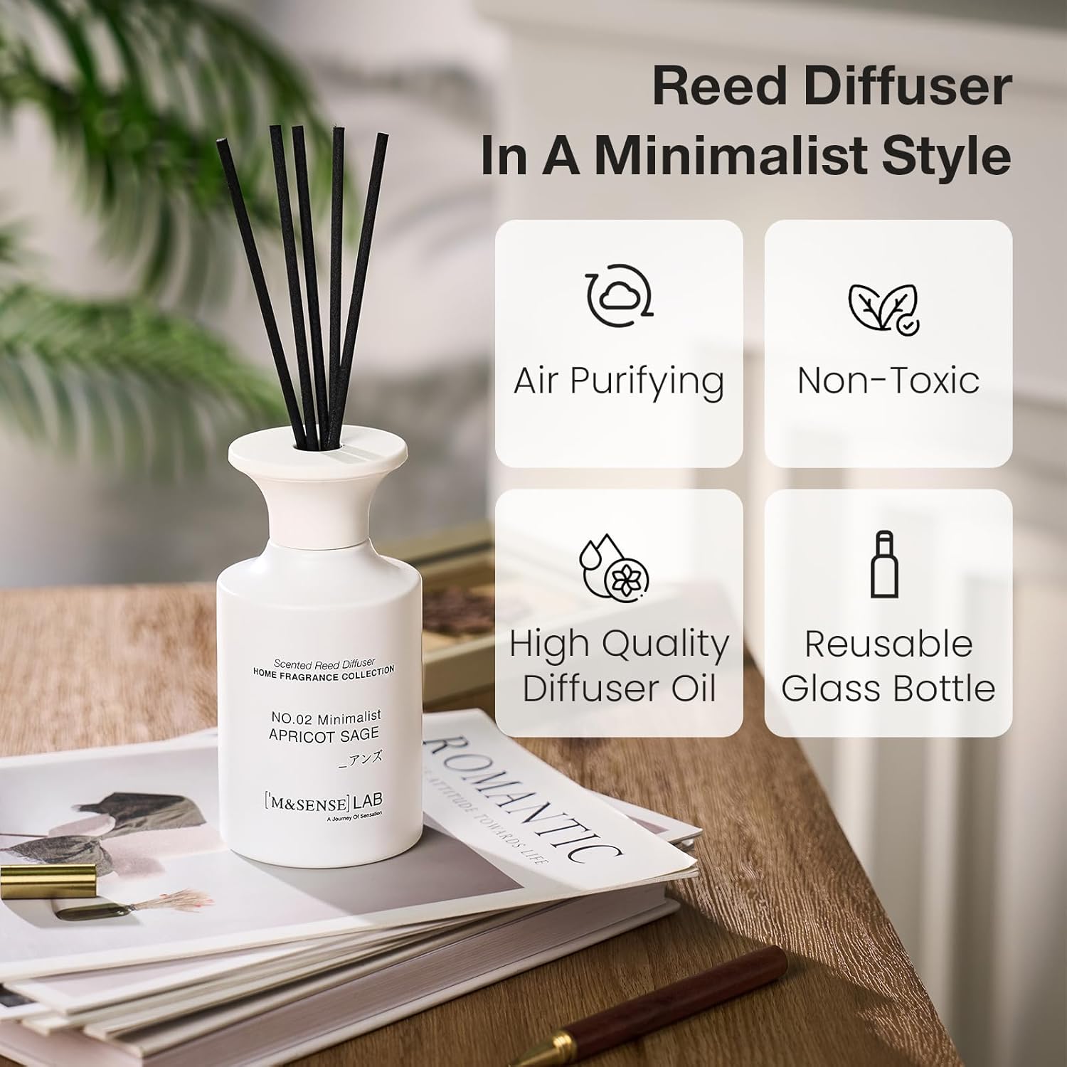 M&SENSE Minimalist Large Reed Diffuser 300ml, Apricot Sage Scented with Natural Essential Oils, Long Lasting with 7 Sticks, Non-Toxic Home Fragrance for Bedroom, Bathroom Decor - Image 4