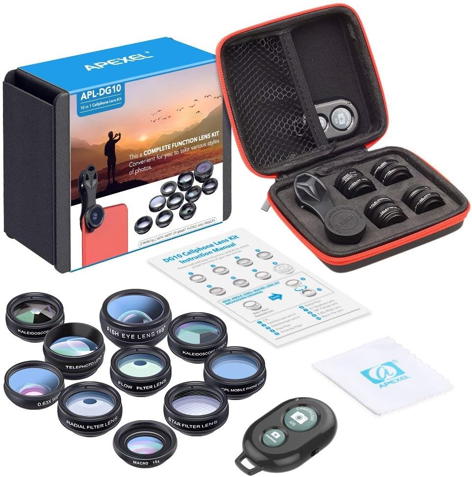 Apexel Phone Camera Lens-Macro Lens+Wide Lens+Fisheye Lens+Telephoto Lens+CPL/Flow/Radial/Star Filter+Kaleidoscope 3/6 Lens 10 in 1 Lens Kit +Remote Shutter for iPhone, Samsung,LG and Most Smartphones - Image 6
