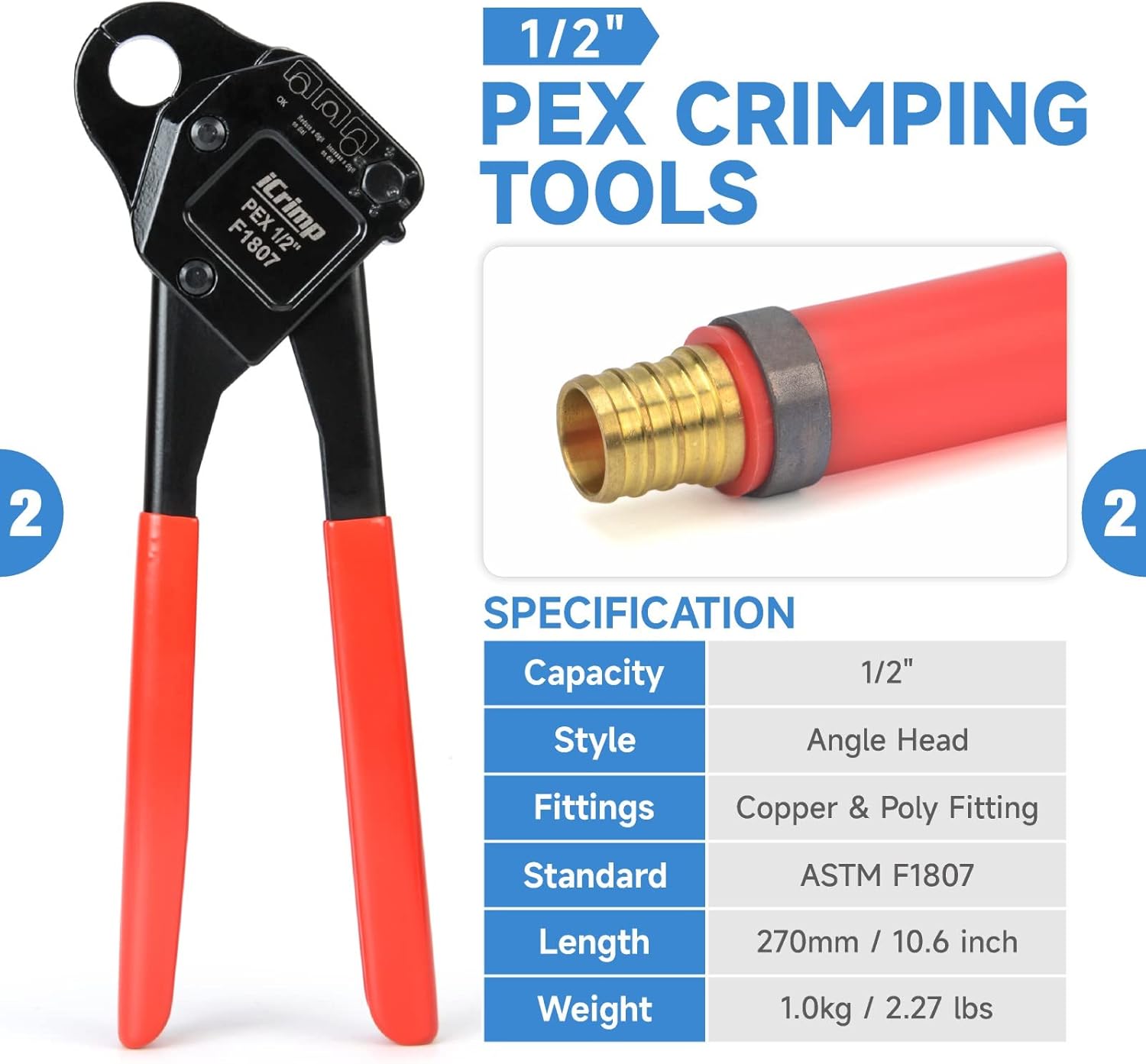 iCrimp IWS-1807CN PEX Crimping Tool Kit with PEX Crimpers, PEX Tubing Cutter, Copper Ring Removal Tool for 1/2’’ & 3/4’’ Copper Crimp Rings, Meets ASTM F1807 Standard - Image 3