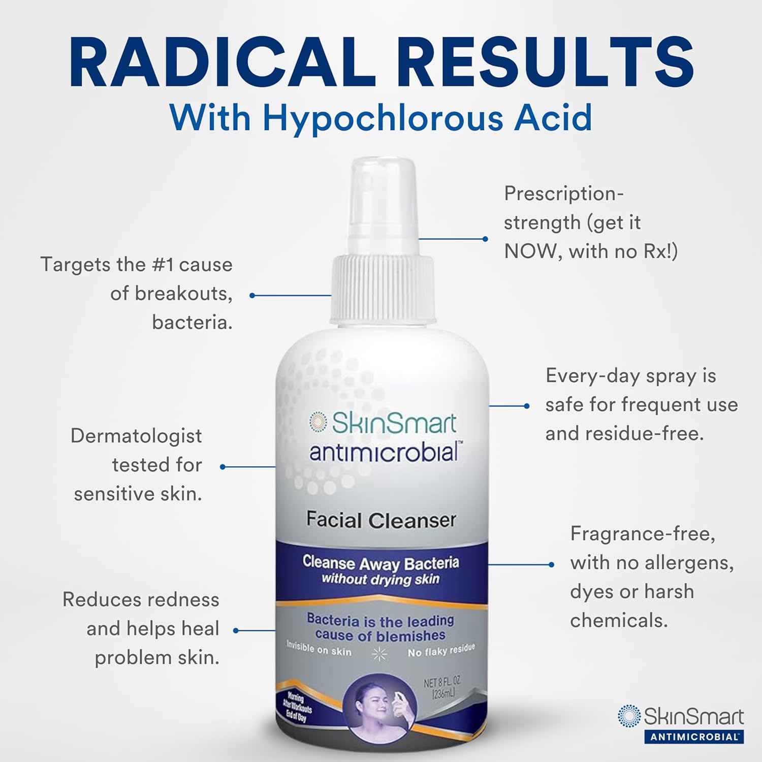 SkinSmart Antimicrobial Facial Cleanser for Breakouts & Blemishes; Hypochlorous Acid Formula Targets Bacteria to Reduce Skin Irritation and Flush Pores Clean, 8 oz Spray, All Ages & All Skin Types - Image 6