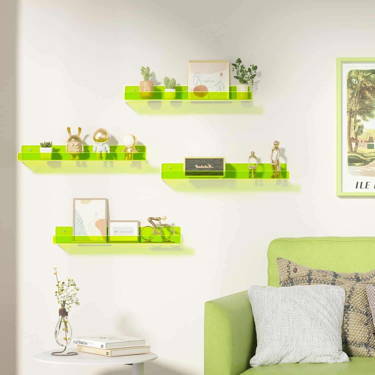 upsimples Acrylic Shelves for Wall Decor, 15" Display Shelf for Figure, Nail Polish, Wall Organizer for Bathroom, Bedroom, Living Room, Playroom, Kids Bookshelf, Clear Fluorescent Green, 4 Pack - Image 2