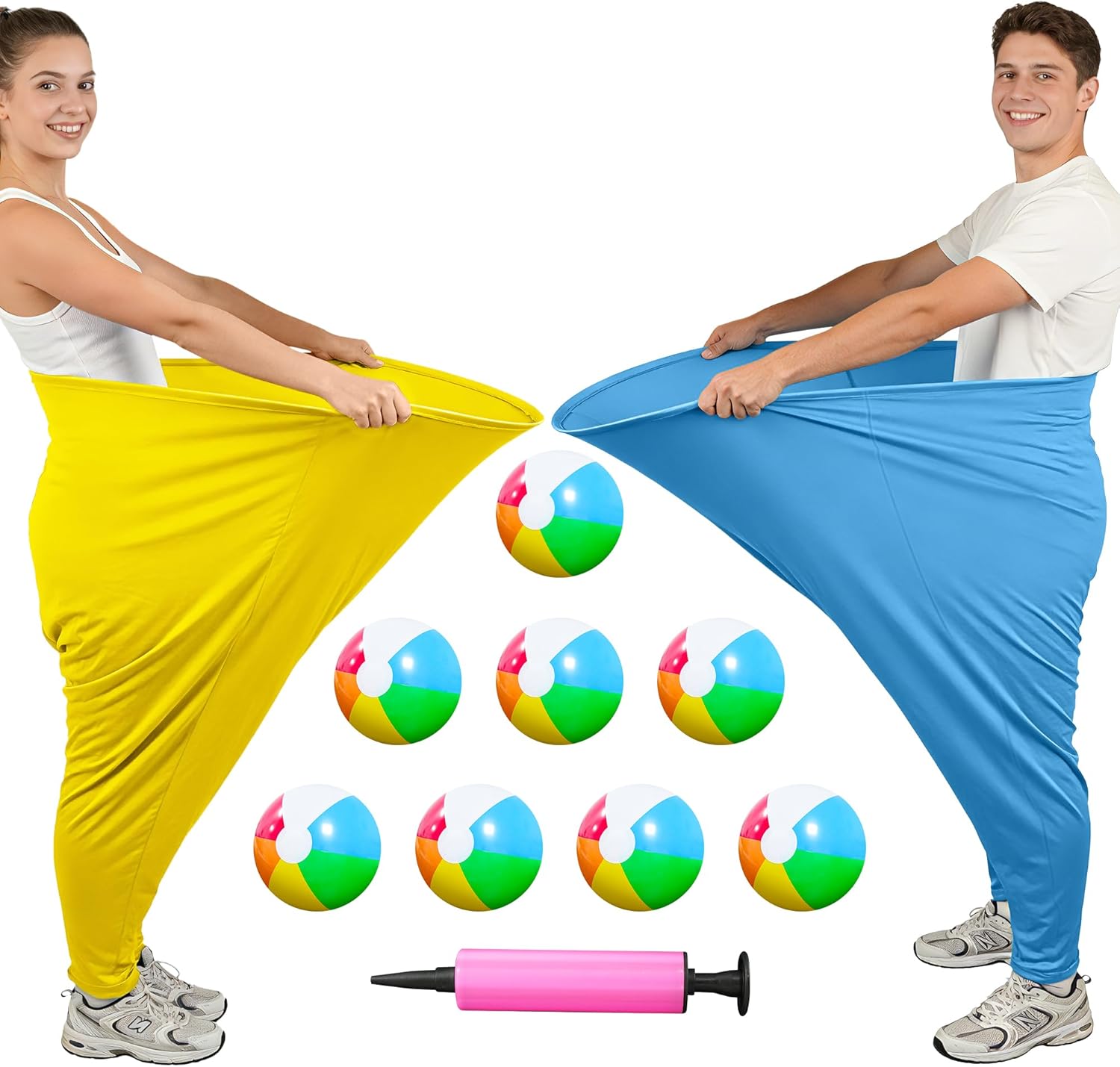 11PCS Granny Pants Yard Game Set - Oversized Blue & Yellow Pants with 8 Colorful Bouncy Balls and 1 Air Pump, Outdoor Tossing Games for Adults Team Relay Family Reunion Birthday Party Field Game Sets