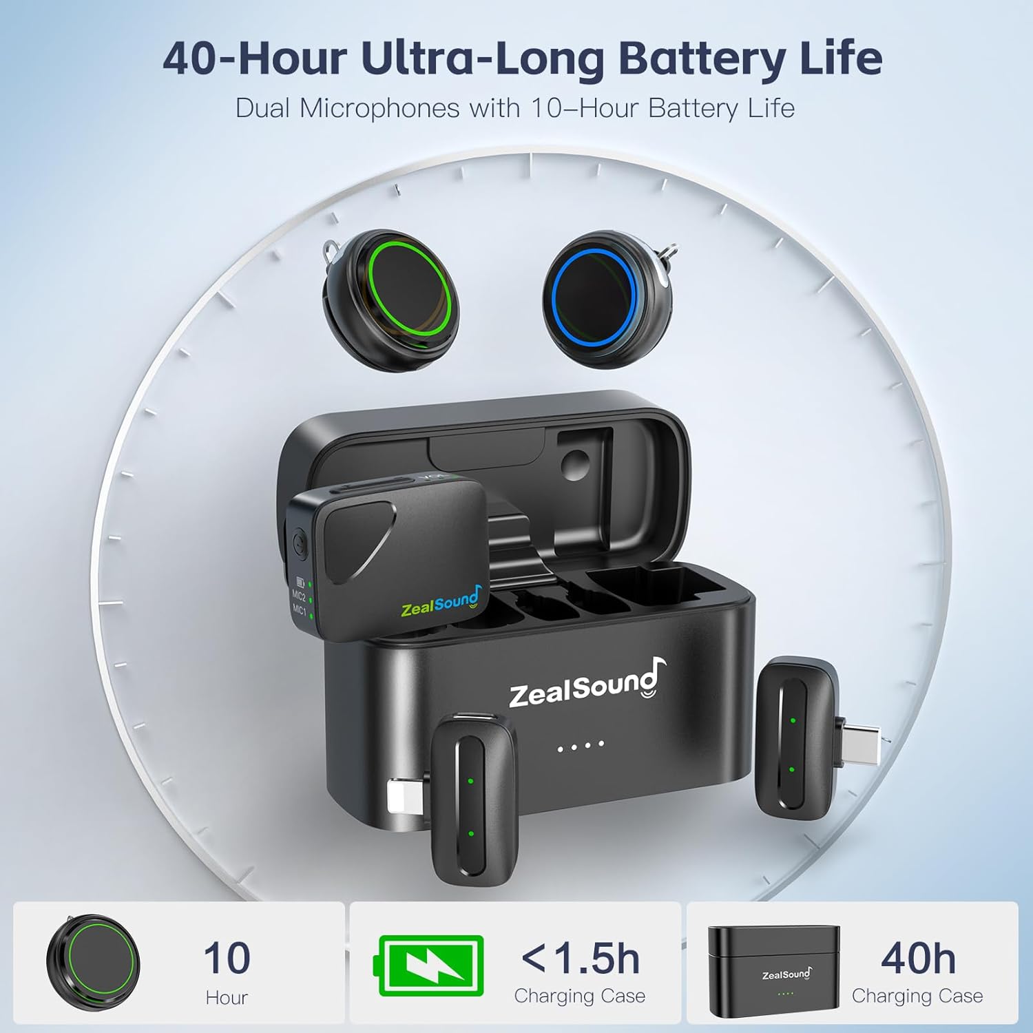 ZealSound Wireless Lavalier Microphone for iPhone iPad Android Tablets PC Camera(USB-C/Lightning/DSLR) -2.4GHz Noise Reduction/40H Battery Life with Charging Case,1000ft,Magnetic Clip for Podcast Vlog - Image 5