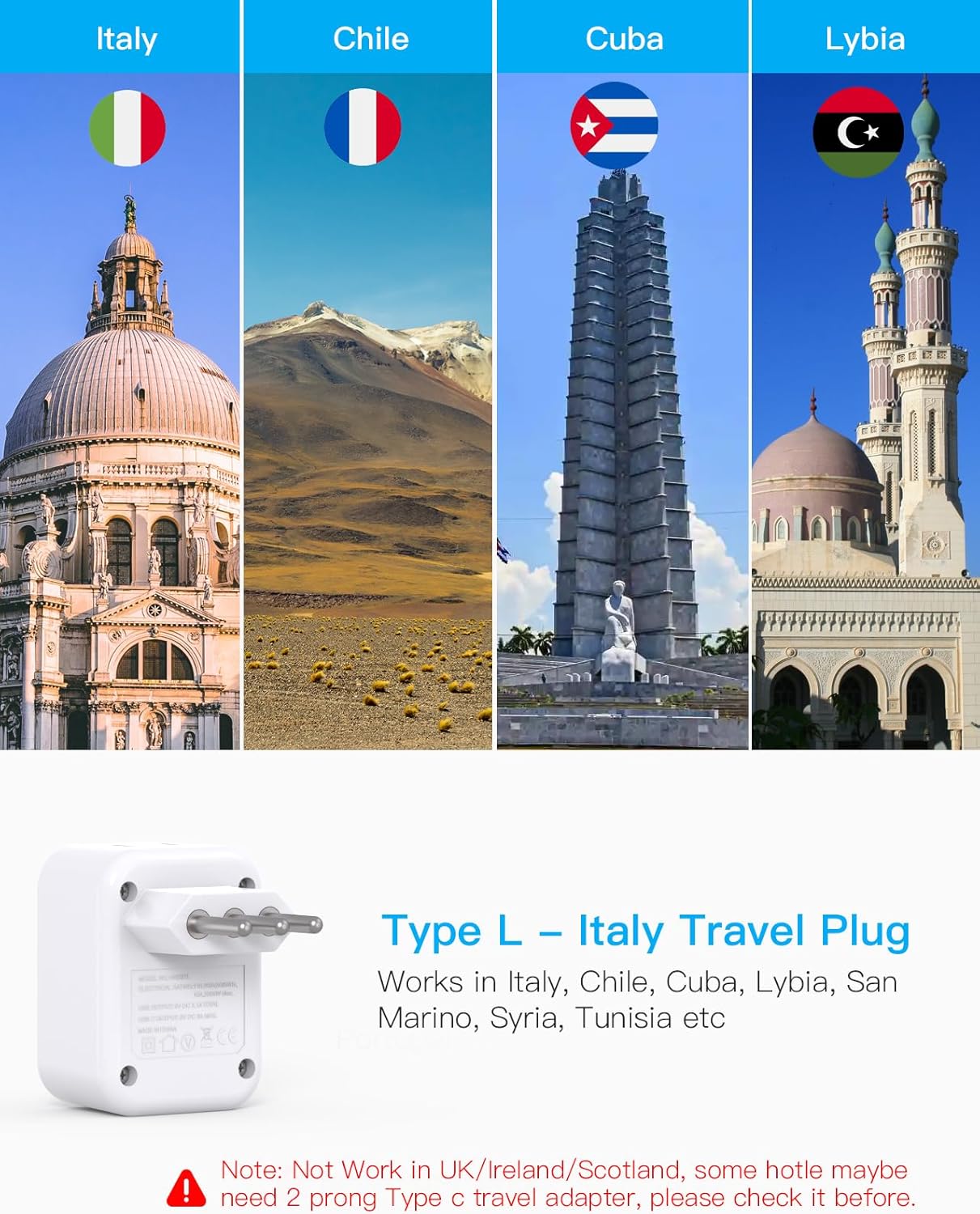 Italy Travel Plug Adapter, HANYCONY Type L Power Plug Adapter with 2 Outlets 3 USB Ports(2 USB C) for US USA to Italy Rome Uruguay Chile Travel Essentials - Image 2