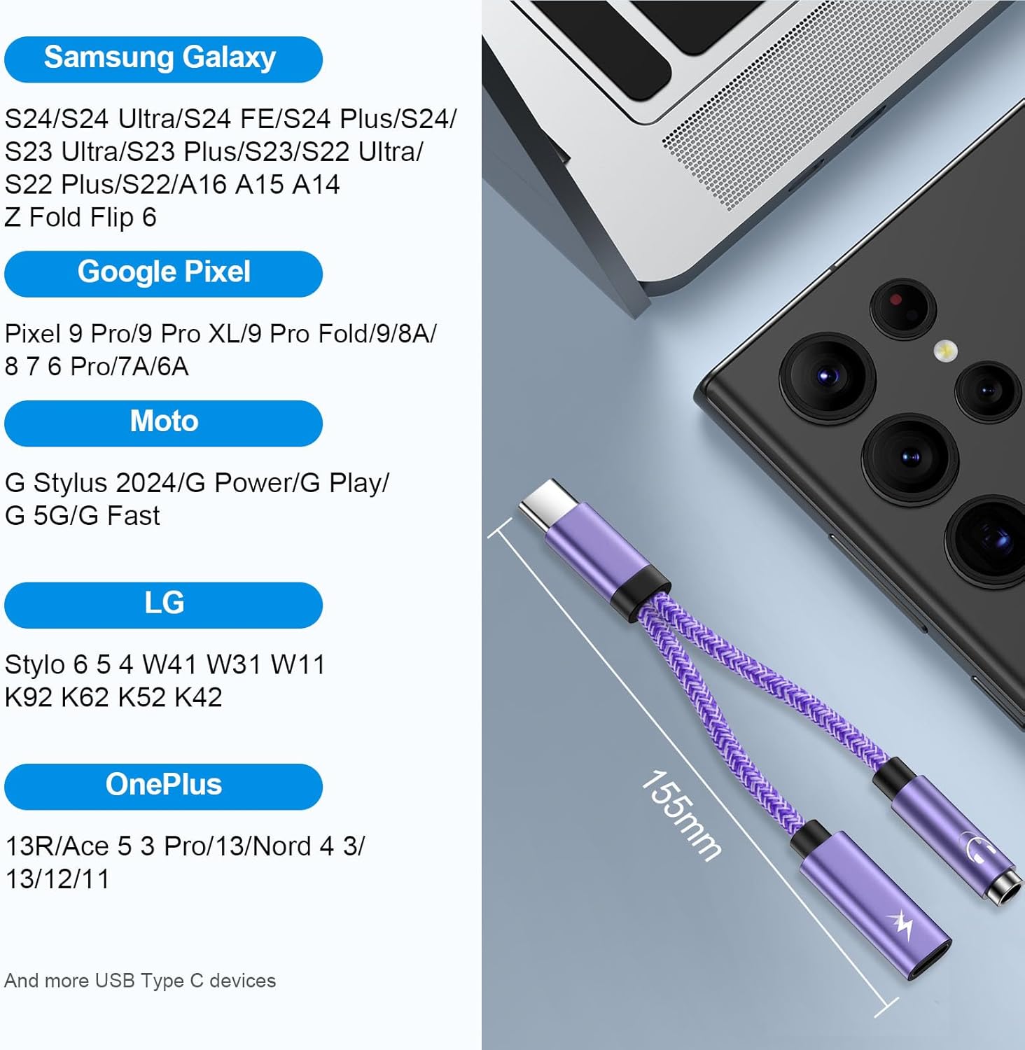 USB C to 3.5mm Samsung Headphone and Charger Adapter for Galaxy A56 A36 A26 A06S S25 S24 S23 S22 S21 S20 S10,2 in 1 USB C to Aux Jack Dongle Cable Cord with PD Fast Charging for iPhone 16 15 Pro - Image 7