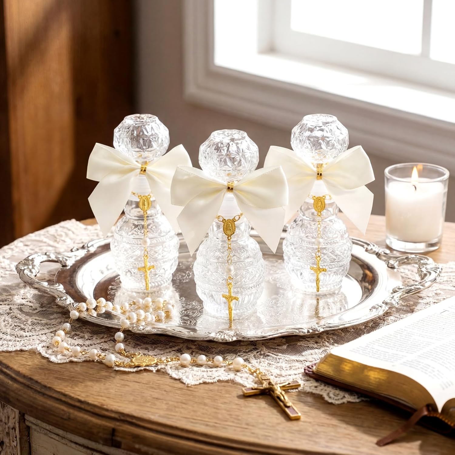 Chuangdi 12 Sets Holy Water Bottles Baptism Favors for Guest Holy Water Container with Cross Rosary Organza Bag Bow 50ml Glass Empty Container for Communion Christian Wedding (Dreamy,White) - Image 3