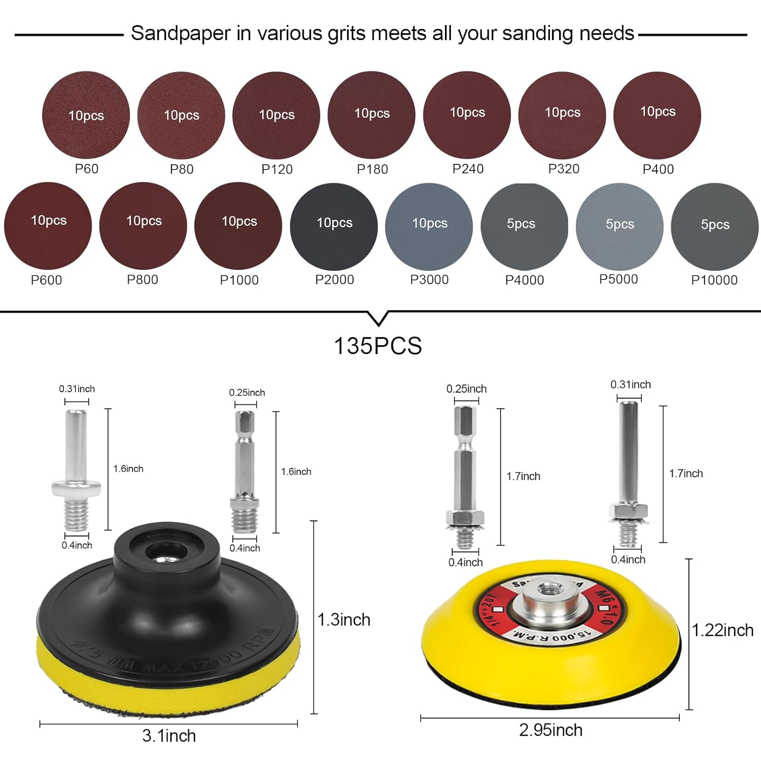 142pcs 3 Inch Sanding Discs Pad Kit, Grit 60-10000 Dry Wet Sandpaper with 5 Soft Sanding Sponges Sander and 1/8"&1/4" Shanks Backer Plate, Drill Sanding Attachment for Car Metal Wood Jewelry - Image 3