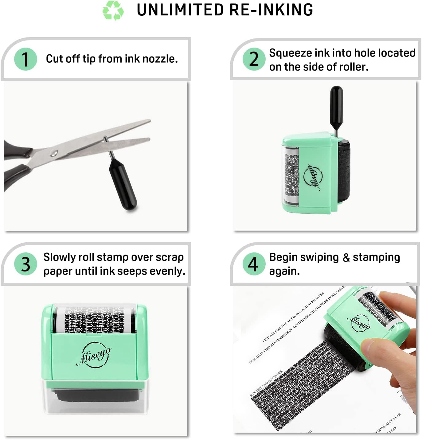 Miseyo Wide Identity Theft Protection Roller Stamp Set - Mint Green (3 Refill Ink Included) - Image 3