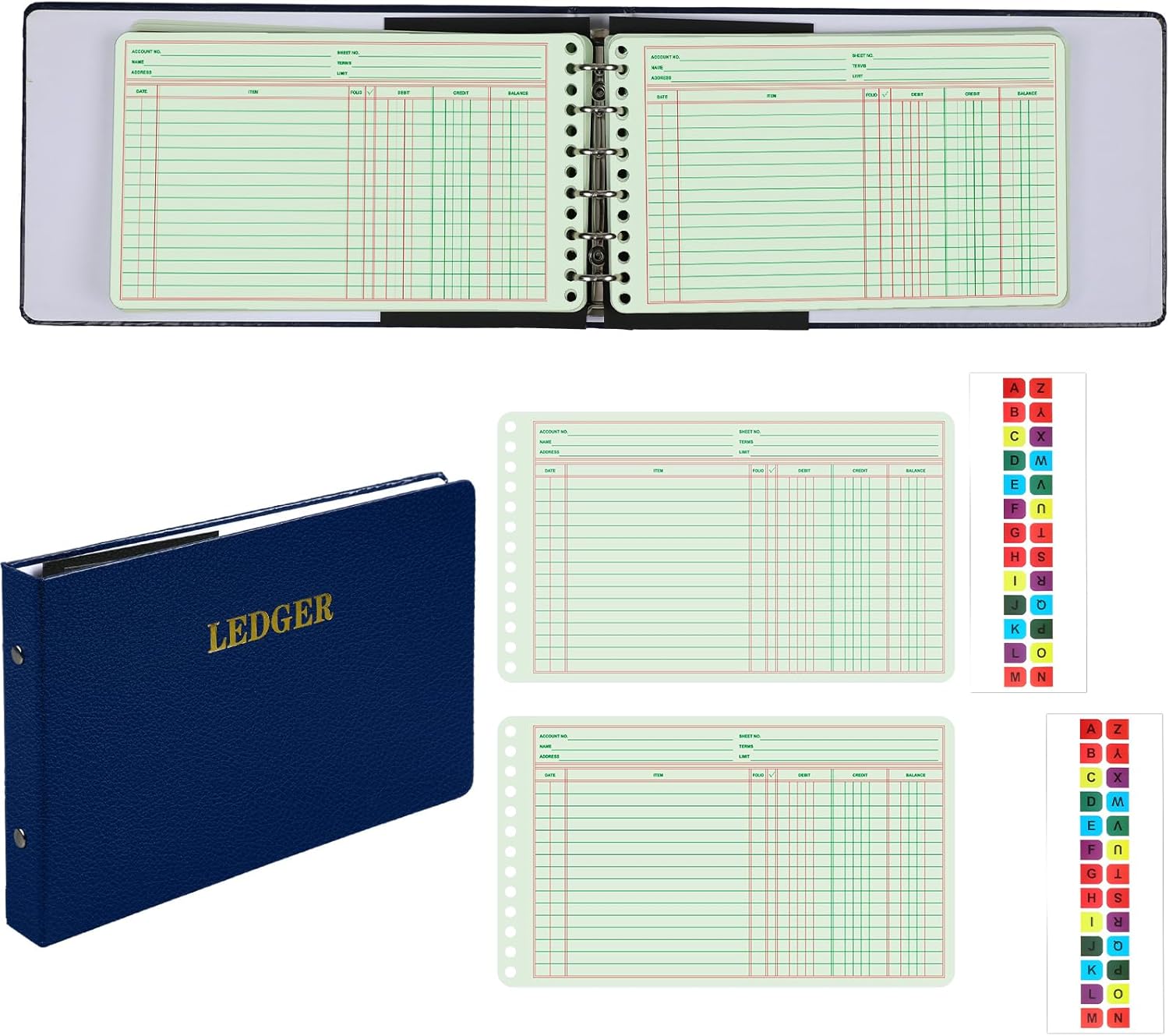 Skyygemm Ring Ledger Binder with 200 Pcs 5"x8.5" Ledger Sheets Small Index Tabs for Bookkeeping Accounting Business with Debit Credit Balance Columns(Blue Cover, Yellow Sheets)