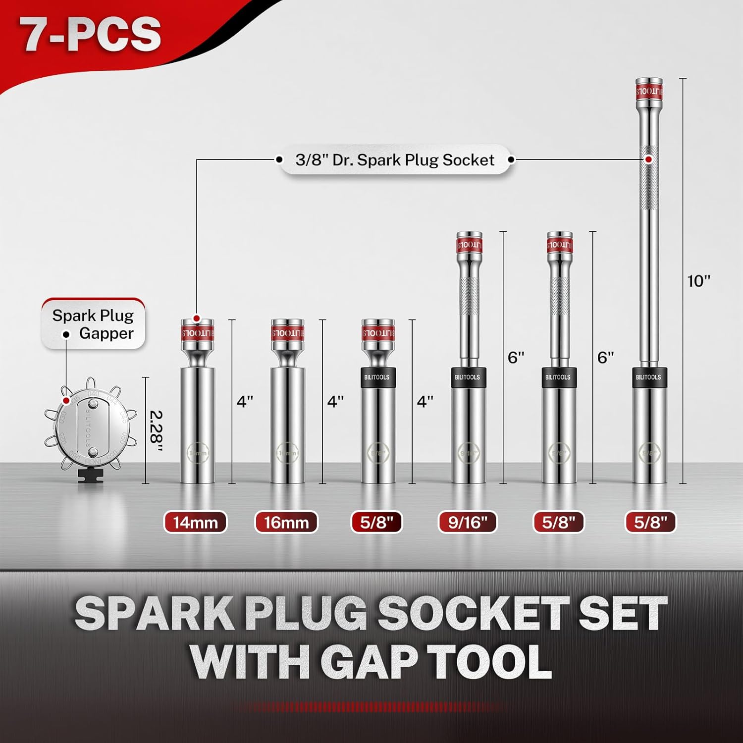 BILITOOLS 7 Piece Magnetic Swivel Spark Plug Socket Set with Gap Tool, 3/8-Inch Drive, 9/16'', 5/8'', 14mm, 16mm, 6 & 12 Point, CR-V - Image 2